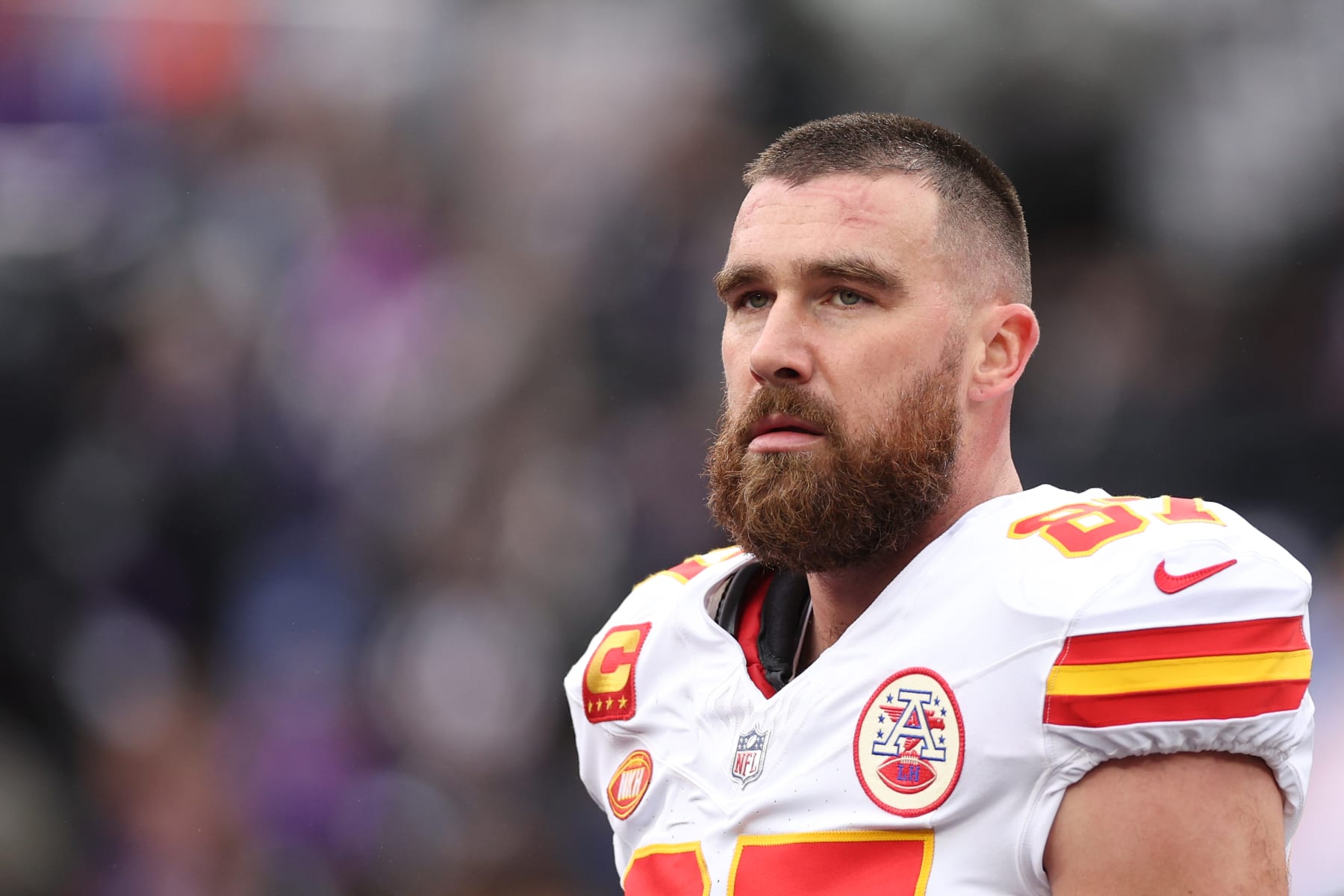 BALTIMORE, MARYLAND - JANUARY 28: Travis Kelce #87 of the Kansas City Chiefs looks on prior to the AFC Championship Game against the Baltimore Ravens at M&T Bank Stadium on January 28, 2024 in Baltimore, Maryland. (Photo by Patrick Smith/Getty Images)