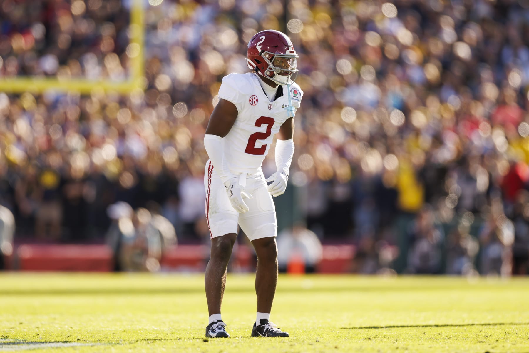 PASADENA, CALIFORNIA - JANUARY 01: Defensive back Caleb Downs #2 of the Alabama Crimson Tide defends in coverage during the CFP Semifinal Rose Bowl Game against the Michigan Wolverines at Rose Bowl Stadium on January 1, 2024 in Pasadena, California. (Photo by Ryan Kang/Getty Images)