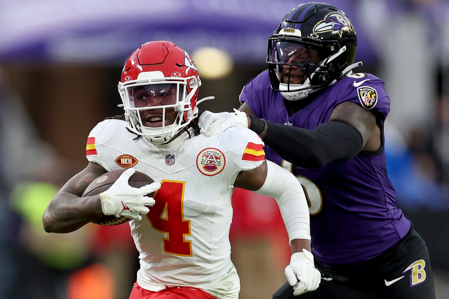 BALTIMORE, MARYLAND - JANUARY 28: Rashee Rice #4 of the Kansas City Chiefs is tackled by Patrick Queen #6 of the Baltimore Ravens during the second quarter in the AFC Championship Game at M&T Bank Stadium on January 28, 2024 in Baltimore, Maryland. (Photo by Rob Carr/Getty Images)