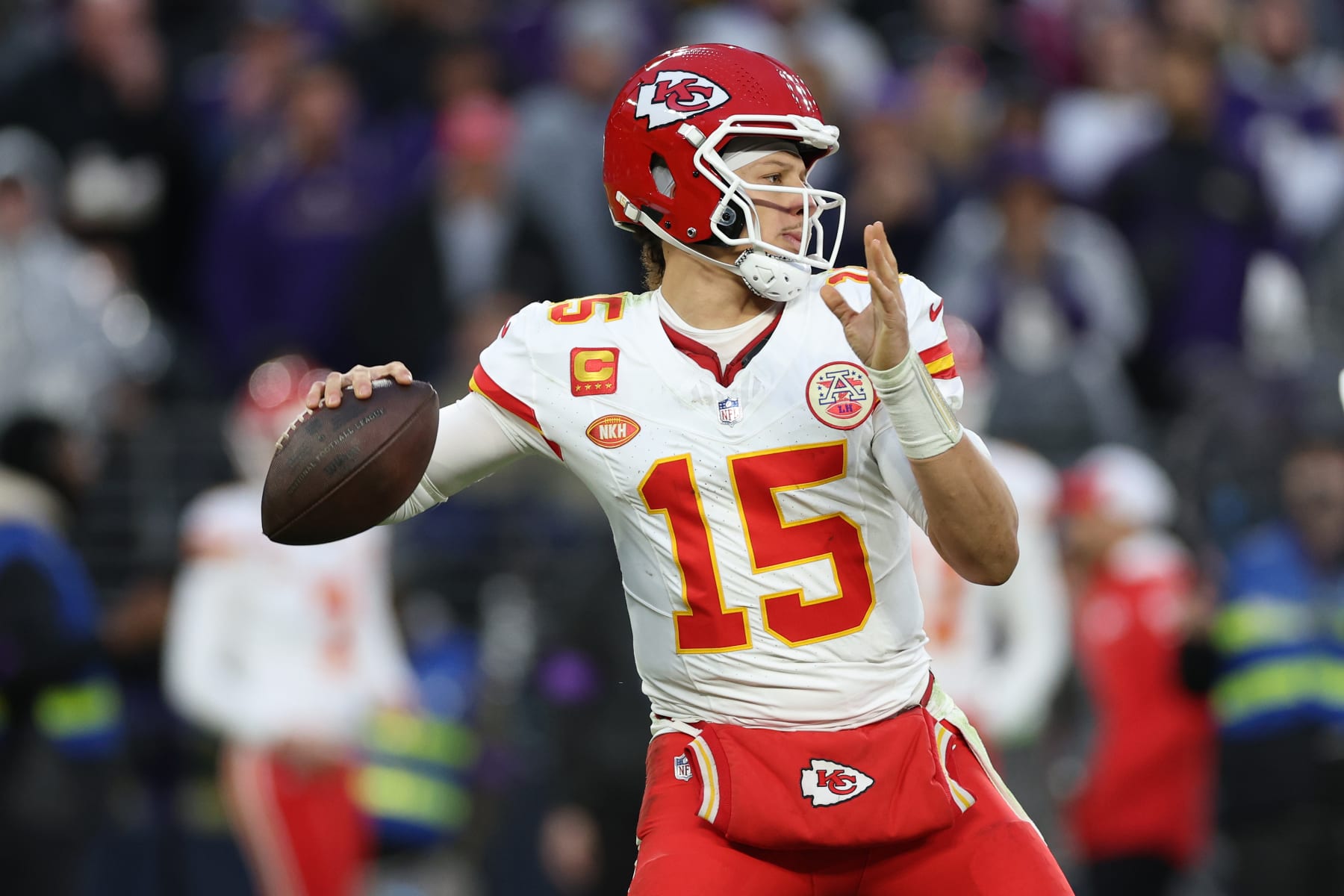 BALTIMORE, MARYLAND - JANUARY 28: Patrick Mahomes #15 of the Kansas City Chiefs throws a pass against the Baltimore Ravens in the AFC Championship Game at M&T Bank Stadium on January 28, 2024 in Baltimore, Maryland. (Photo by Patrick Smith/Getty Images)