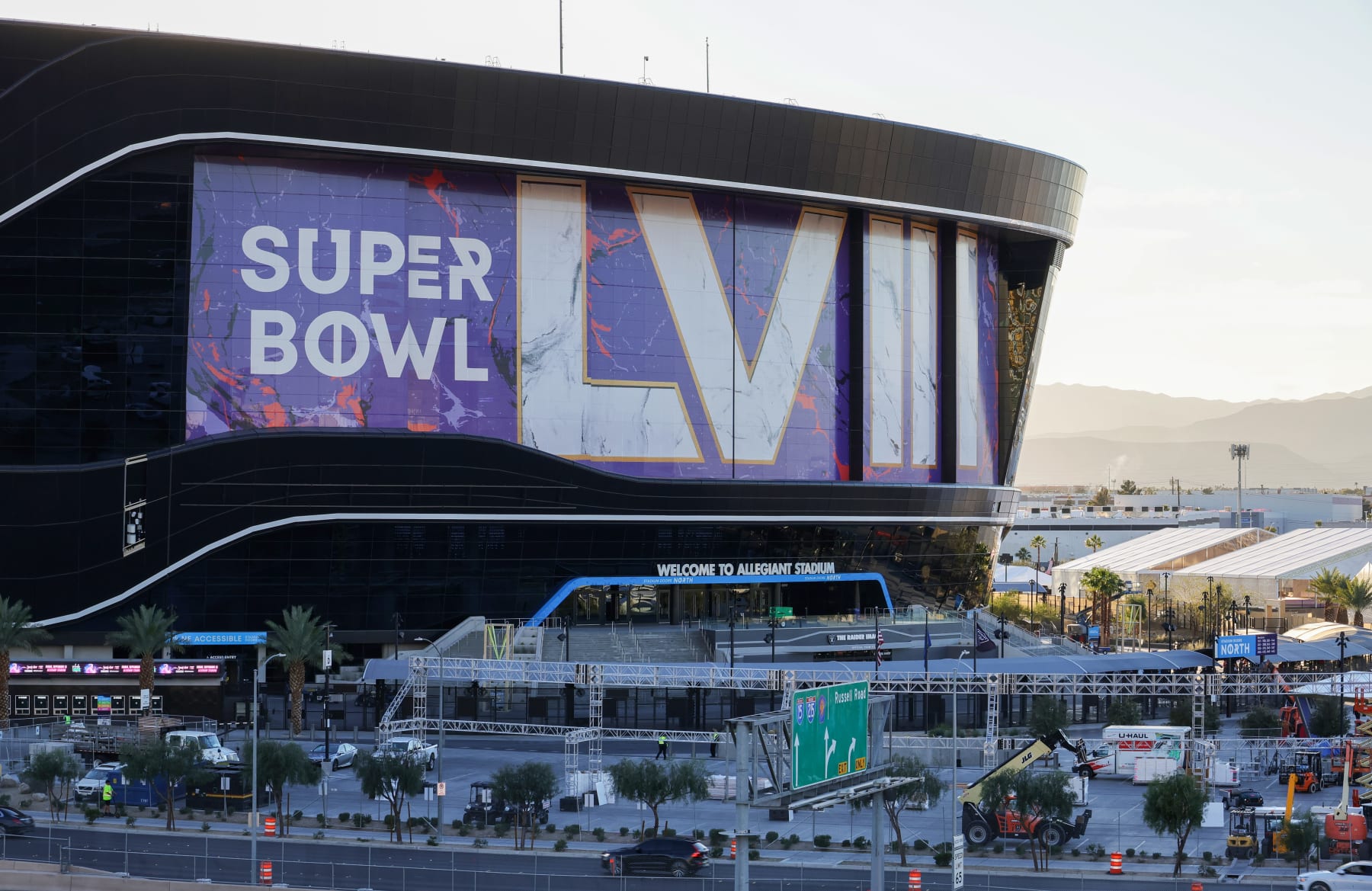 LAS VEGAS, NEVADA - JANUARY 30: An exterior view shows signage for Super Bowl LVIII at Allegiant Stadium on January 30, 2024 in Las Vegas, Nevada. The game will be played on February 11, 2024, between the Kansas City Chiefs and the San Francisco 49ers. (Photo by Ethan Miller/Getty Images)