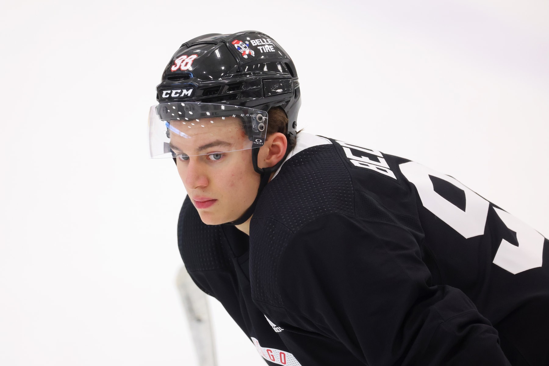 CHICAGO, ILLINOIS - SEPTEMBER 14: Connor Bedard #98 of the Chicago Blackhawks looks on during Prospect Camp practice at Fifth Third Arena on September 14, 2023 in Chicago, Illinois. (Photo by Michael Reaves/Getty Images)
