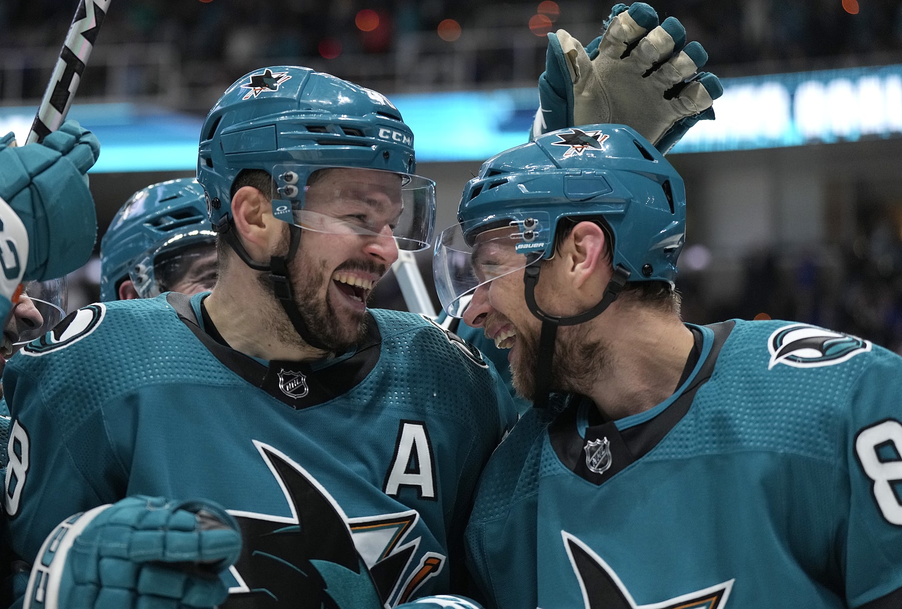 SAN JOSE, CALIFORNIA - JANUARY 23: Tomas Hertl #48 (L) and Jan Rutta #84 of the San Jose Sharks celebrates after Hertl scored the winning goal in overtime against the New York Rangers at SAP Center on January 23, 2024 in San Jose, California. The Sharks won the game 3-2. (Photo by Thearon W. Henderson/Getty Images)