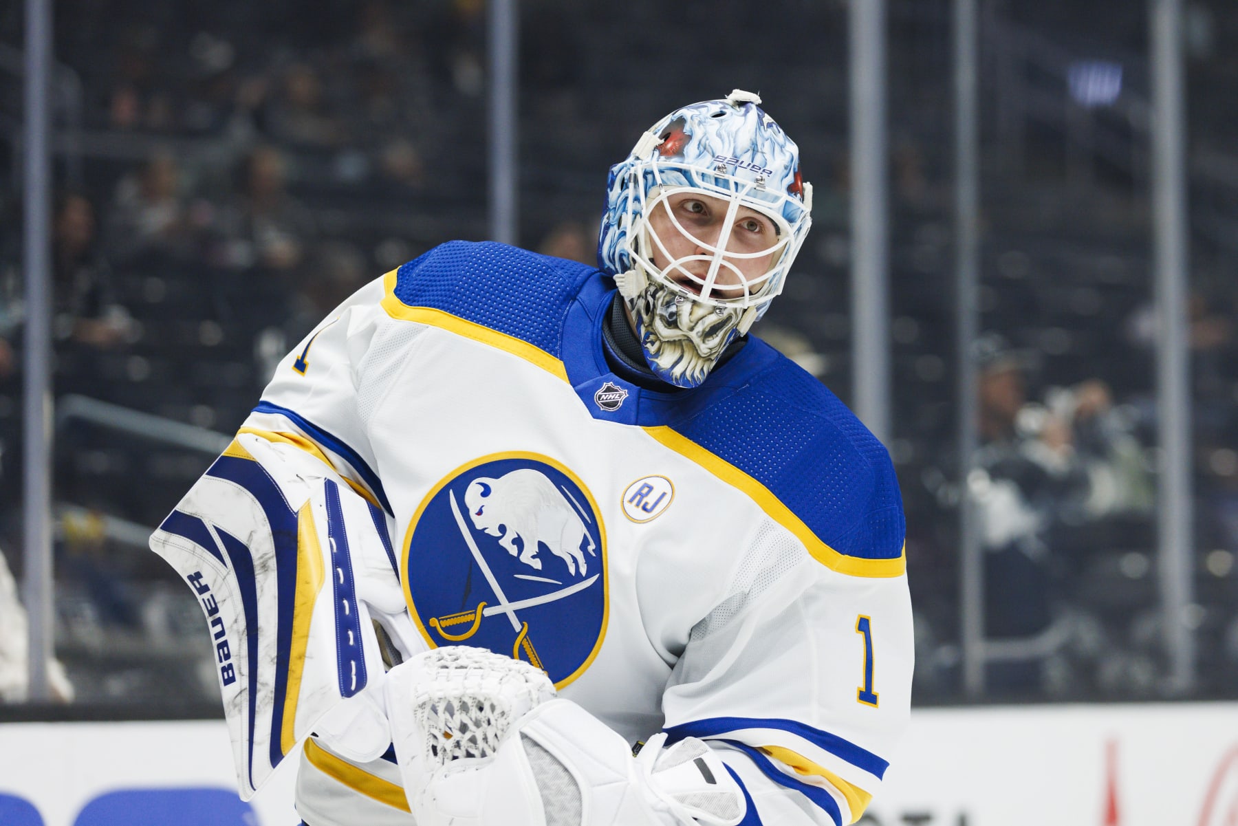LOS ANGELES, CA - JANUARY 24: Buffalo Sabres goaltender Ukko-Pekka Luukkonen (1) during an NHL hockey game against the Los Angeles Kings on January 24, 2024 at Crypto.com Arena in Los Angeles, CA. (Photo by Ric Tapia/Icon Sportswire via Getty Images)
