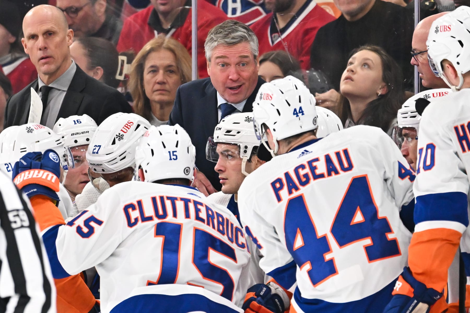 MONTREAL, CANADA - JANUARY 25: Head coach of the New York Islanders Patrick Roy speaks to his team during the first period against the Montreal Canadiens at the Bell Centre on January 25, 2024 in Montreal, Quebec, Canada. (Photo by Minas Panagiotakis/Getty Images)
