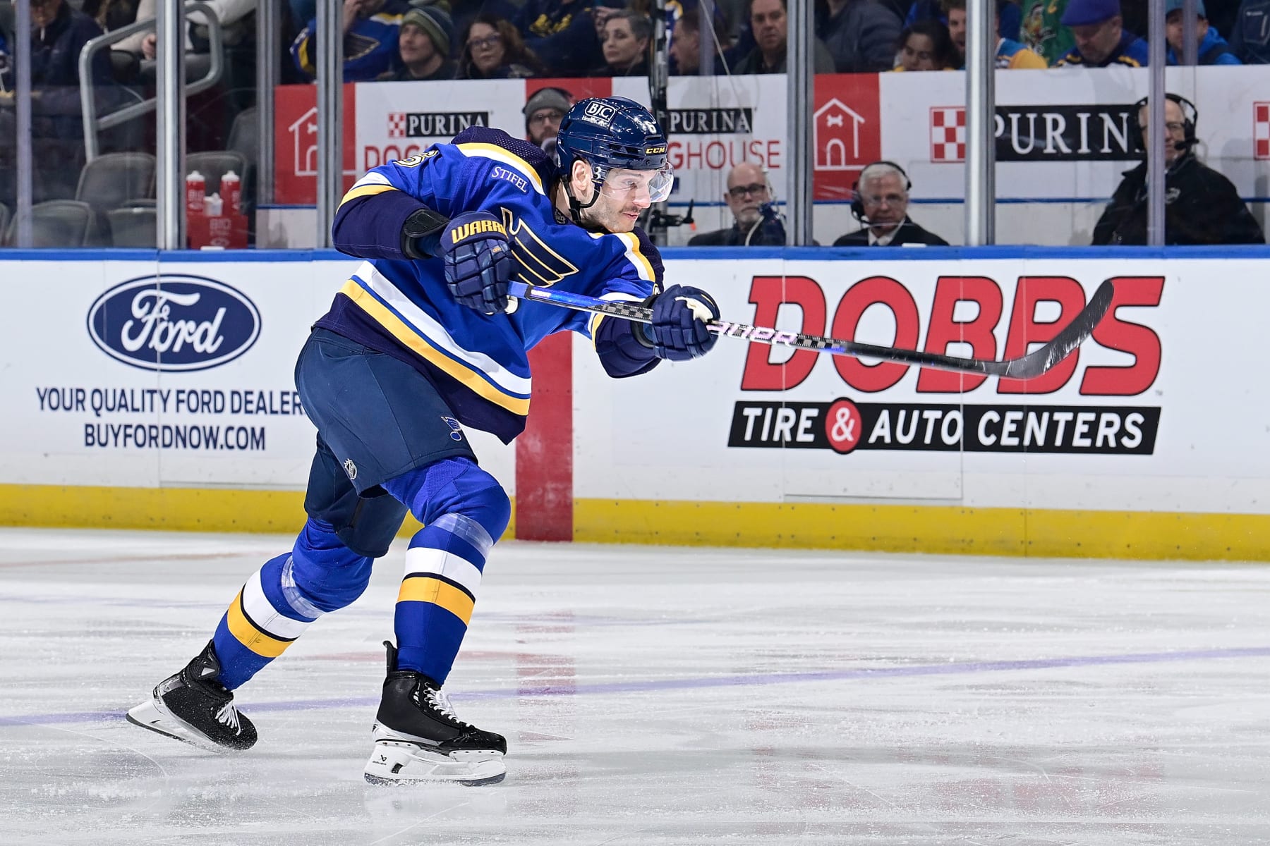 ST. LOUIS, MO - JANUARY 30: Marco Scandella #6 of the St. Louis Blues takes a shot against the Columbus Blue Jackets in the second period on January 30, 2024 at the Enterprise Center in St. Louis, Missouri. (Photo by Scott Rovak/NHLI via Getty Images)
