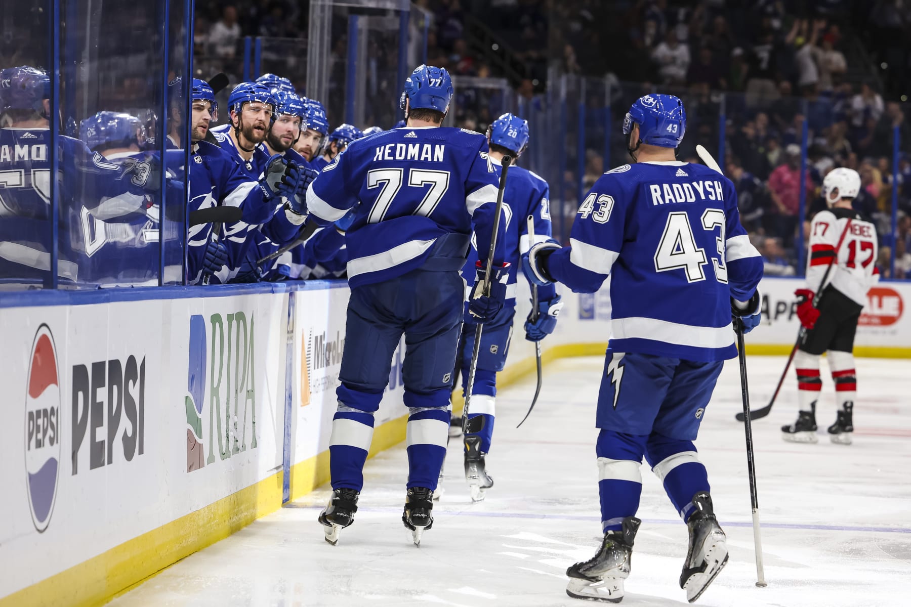 TAMPA, FL - JANUARY 27: Victor Hedman #77 of the Tampa Bay Lightning celebrates a goal against the New Jersey Devils during the second period at Amalie Arena on January 27 2024 in Tampa, Florida. (Photo by Mark LoMoglio/NHLI via Getty Images)