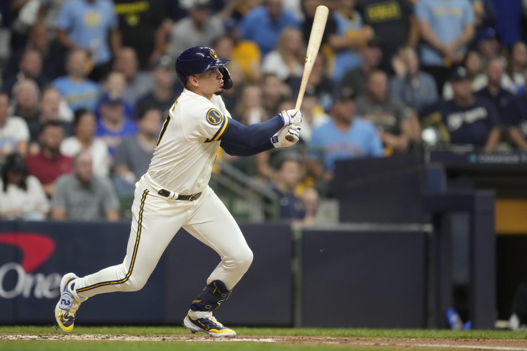 MILWAUKEE, WISCONSIN - OCTOBER 04: Willy Adames #27 of the Milwaukee Brewers singles during the first inning against the Arizona Diamondbacks during Game Two of the Wild Card Series at American Family Field on October 04, 2023 in Milwaukee, Wisconsin. (Photo by Patrick McDermott/Getty Images)