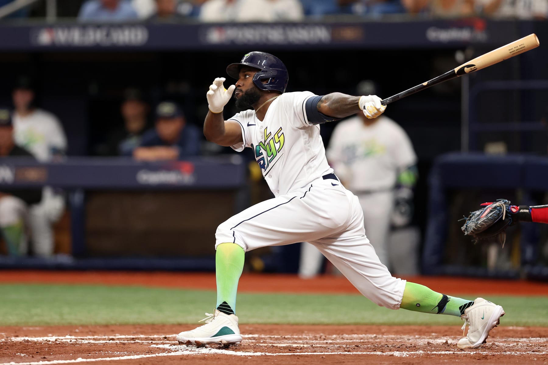 ST PETERSBURG, FLORIDA - OCTOBER 03: Randy Arozarena #56 of the Tampa Bay Rays hits a double in the third inning against the Texas Rangers during Game One of the Wild Card Series at Tropicana Field on October 03, 2023 in St Petersburg, Florida. (Photo by Megan Briggs/Getty Images)