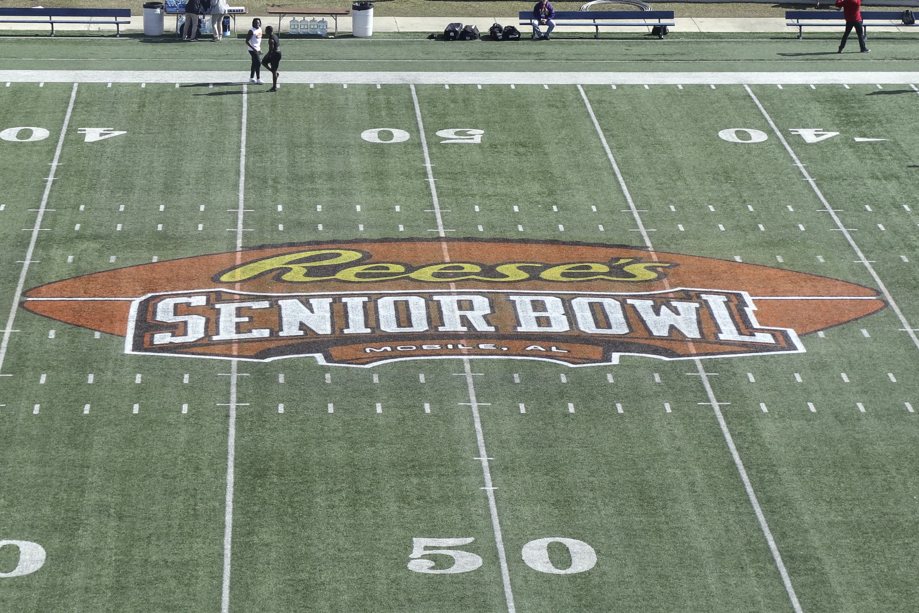 MOBILE, AL - JANUARY 26: A general view of the Reese's Senior Bowl logo at mid-field at Ladd-Peebles Stadium before the start of the 70th Annual Senior Bowl game on January 26, 2019 in Mobile, Alabama. The North defeated the South 34 to 24. (Photo by Don Juan Moore/Getty Images) *** Local Caption ***