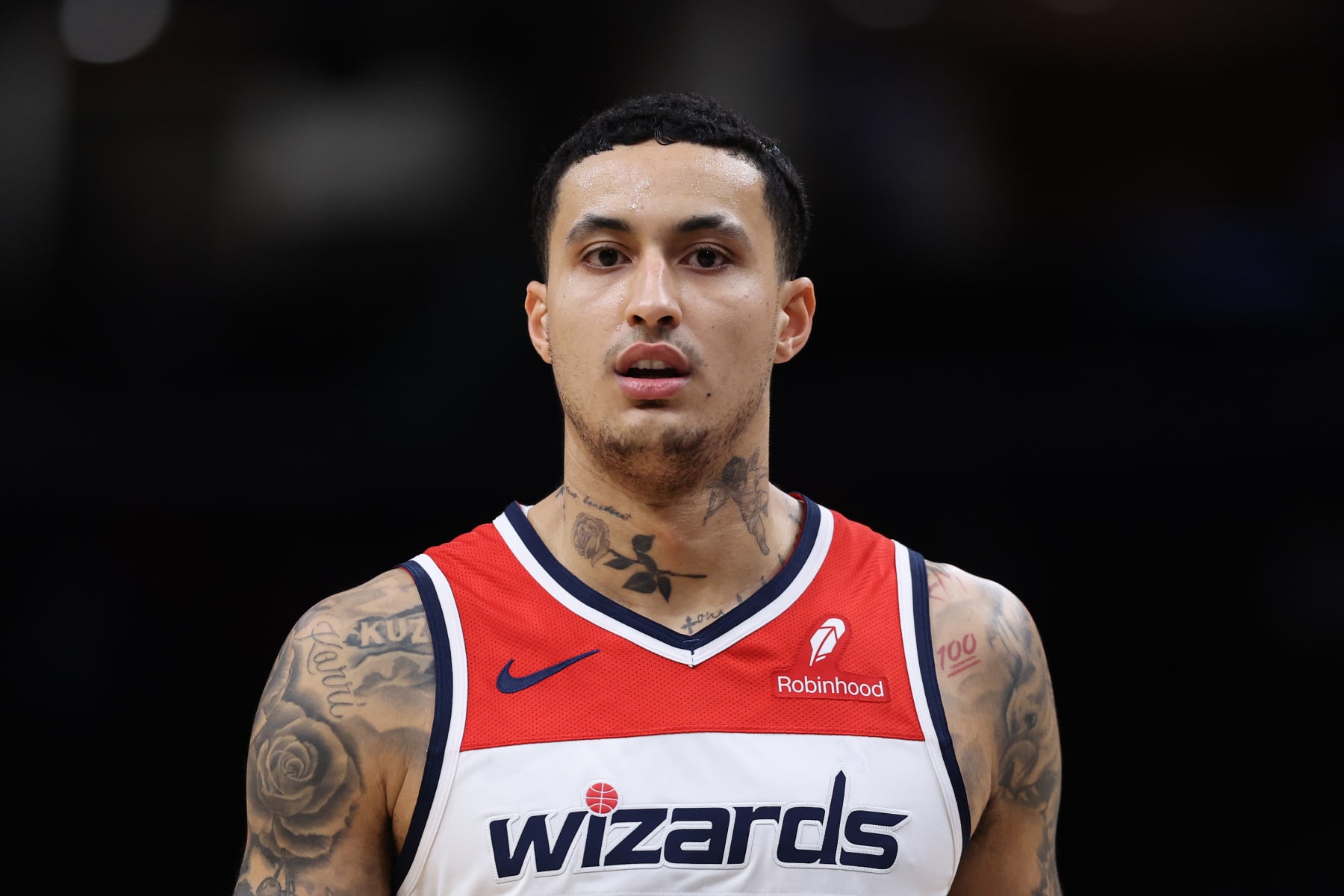 WASHINGTON, DC - JANUARY 25: Kyle Kuzma #33 of the Washington Wizards looks on against the Utah Jazz during the first half at Capital One Arena on January 25, 2024 in Washington, DC. NOTE TO USER: User expressly acknowledges and agrees that, by downloading and or using this photograph, User is consenting to the terms and conditions of the Getty Images License Agreement. (Photo by Patrick Smith/Getty Images)