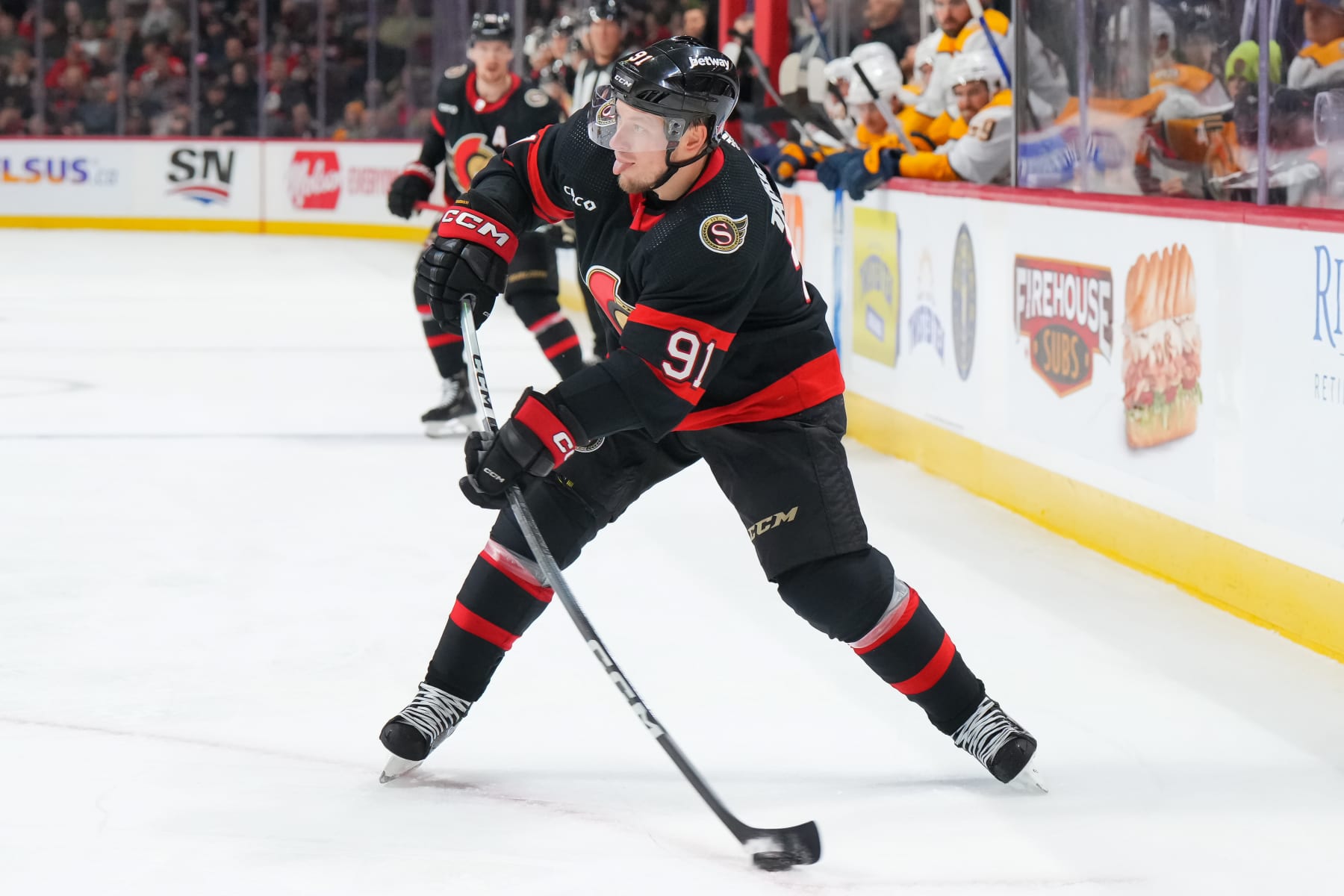 OTTAWA, CANADA - JANUARY 29: Vladimir Tarasenko #91 of the Ottawa Senators shoots the puck against the Nashville Predators at Canadian Tire Centre on January 29, 2024 in Ottawa, Ontario, Canada. (Photo by André Ringuette/NHLI via Getty Images)