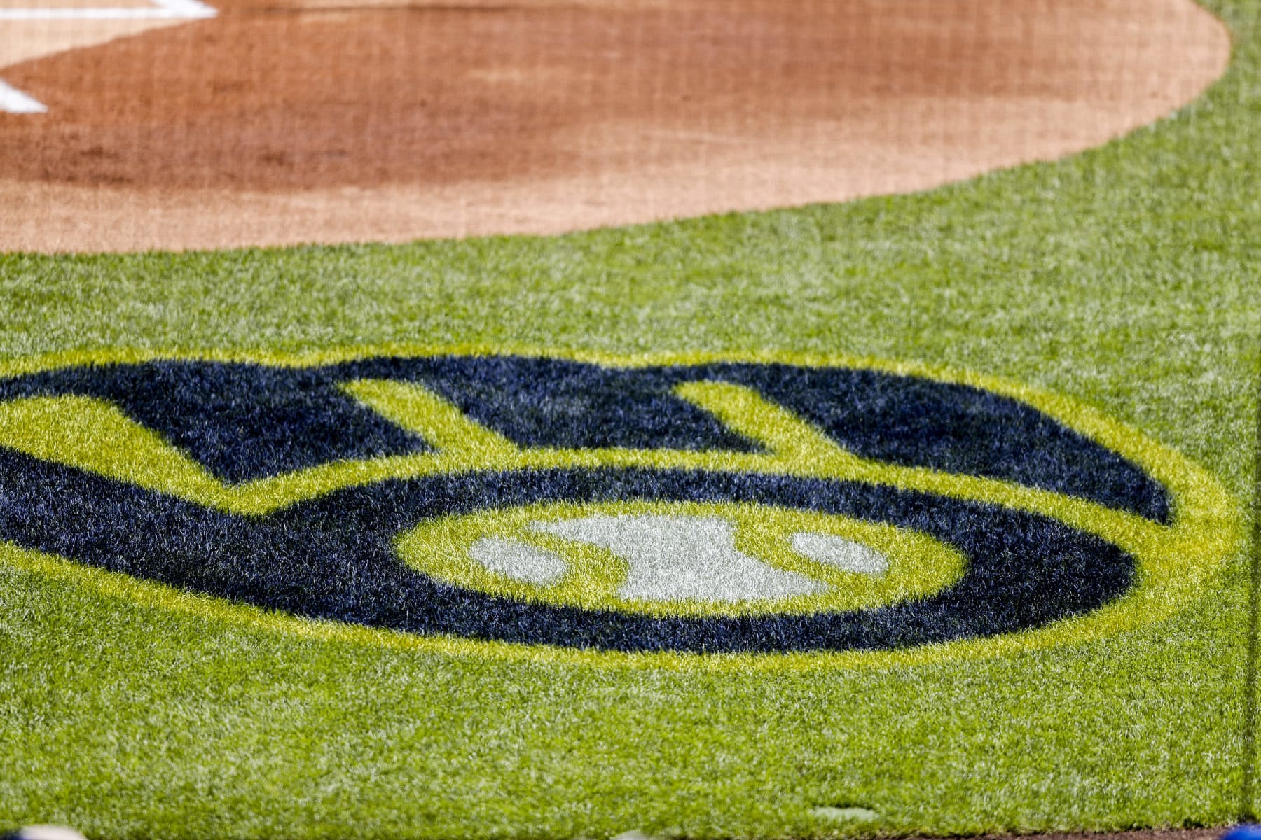 MILWAUKEE, WI - MAY 22: Brewer logo in the grass during a game between the Milwaukee Brewers and the Washington Nationals on May 22, 2022, at American Family Field in Milwaukee, WI. (Photo by Lawrence Iles/Icon Sportswire via Getty Images)