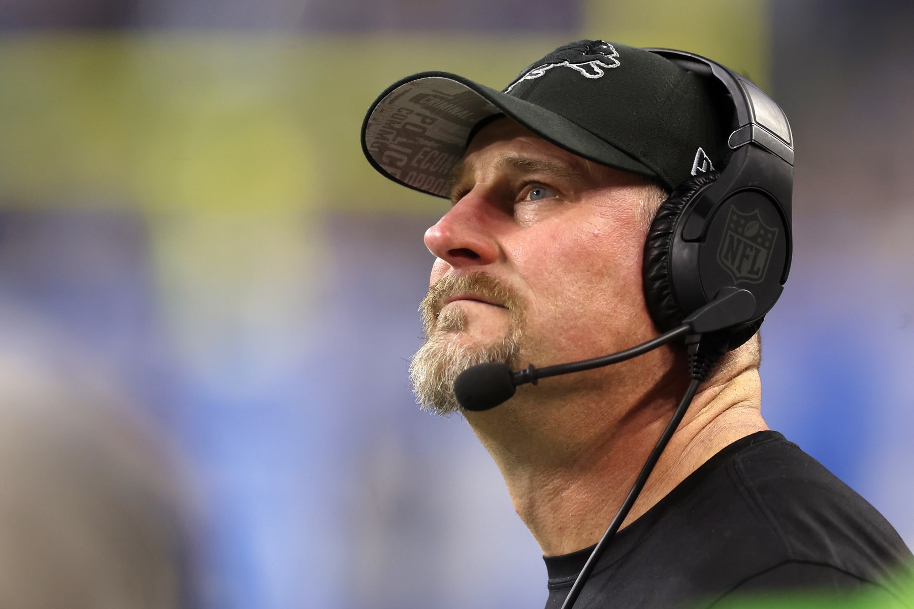 DETROIT, MICHIGAN - JANUARY 21: Head coach Dan Campbell of the Detroit Lions watches action during the second quarter of the NFC Divisional Playoff game against the Tampa Bay Buccaneers at Ford Field on January 21, 2024 in Detroit, Michigan. (Photo by Gregory Shamus/Getty Images)