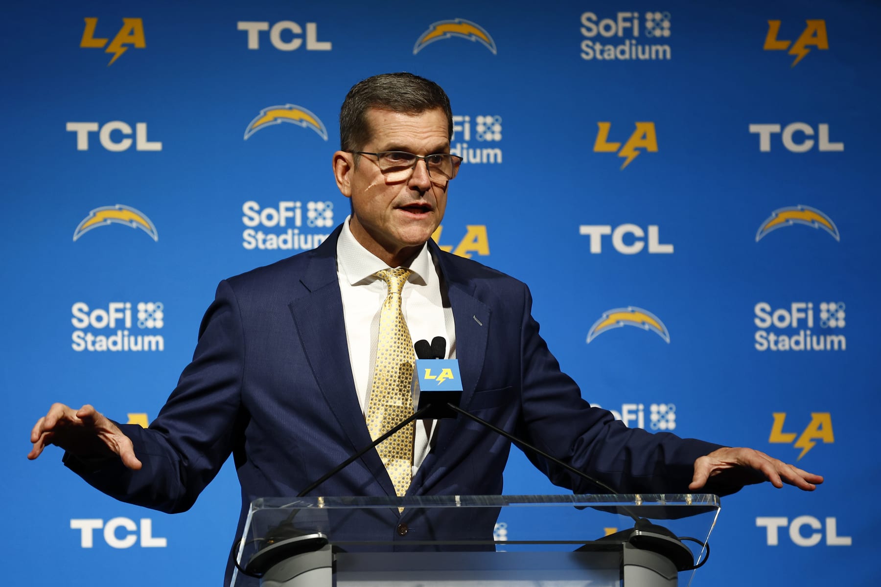 INGLEWOOD, CALIFORNIA - FEBRUARY 01: Newly appointed head coach Jim Harbaugh of the Los Angeles Chargers speaks to the media during a press conference at YouTube Theater on February 01, 2024 in Inglewood, California. (Photo by Ronald Martinez/Getty Images)