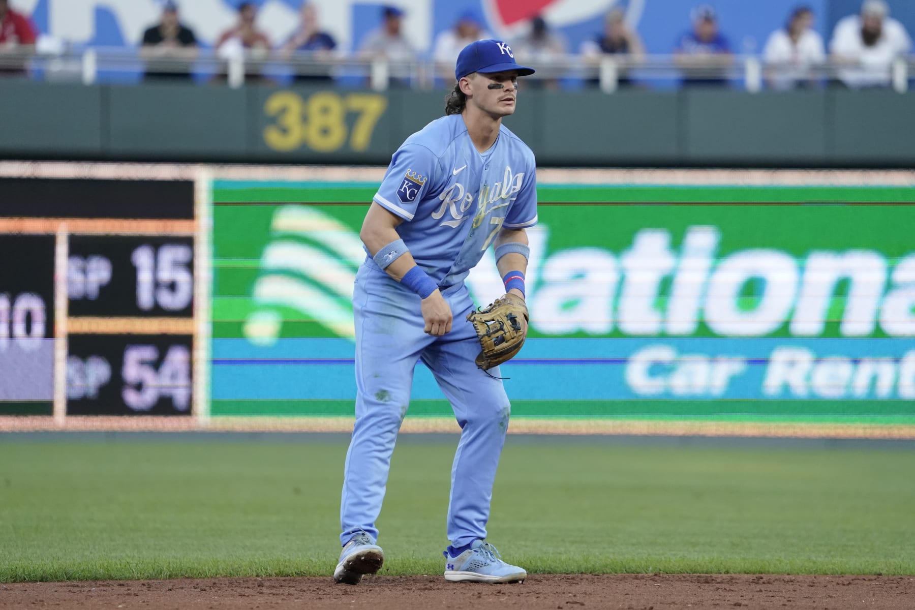 KANSAS CITY, MISSOURI - SEPTEMBER 30: Bobby Witt Jr. #7 of the Kansas City Royals in action against the New York Yankees at Kauffman Stadium on September 30, 2023 in Kansas City, Missouri. (Photo by Ed Zurga/Getty Images)