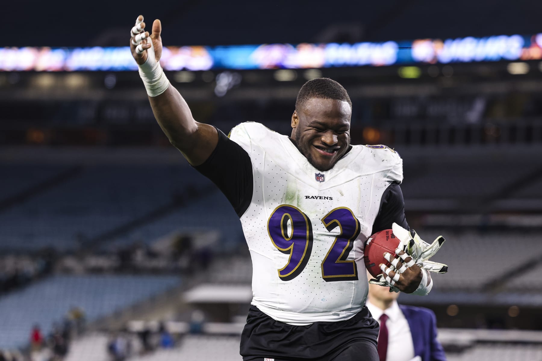 JACKSONVILLE, FL - DECEMBER 17: Justin Madubuike #92 of the Baltimore Ravens celebrates after an NFL football game against the Jacksonville Jaguars at EverBank Stadium on December 17, 2023 in Jacksonville, Florida. (Photo by Perry Knotts/Getty Images)