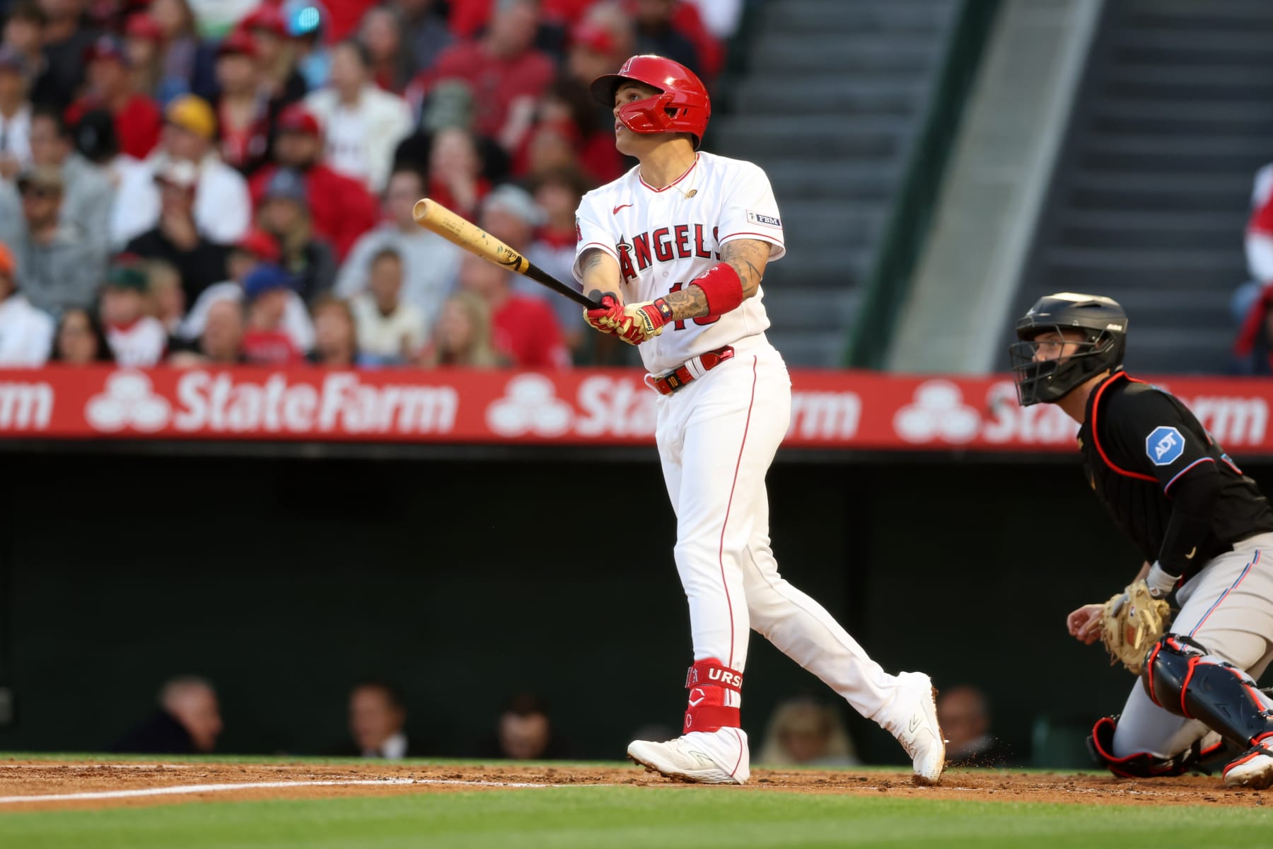 ANAHEIM, CA - May 27:  Gio Urshela #10 of the Los Angeles Angels bats during the game against the Miami Marlins at Angel Stadium of Anaheim on May 27, 2023 in Anaheim, California. The Marlins defeated the Angels 8-5.  (Photo by Rob Leiter/MLB Photos via Getty Images)