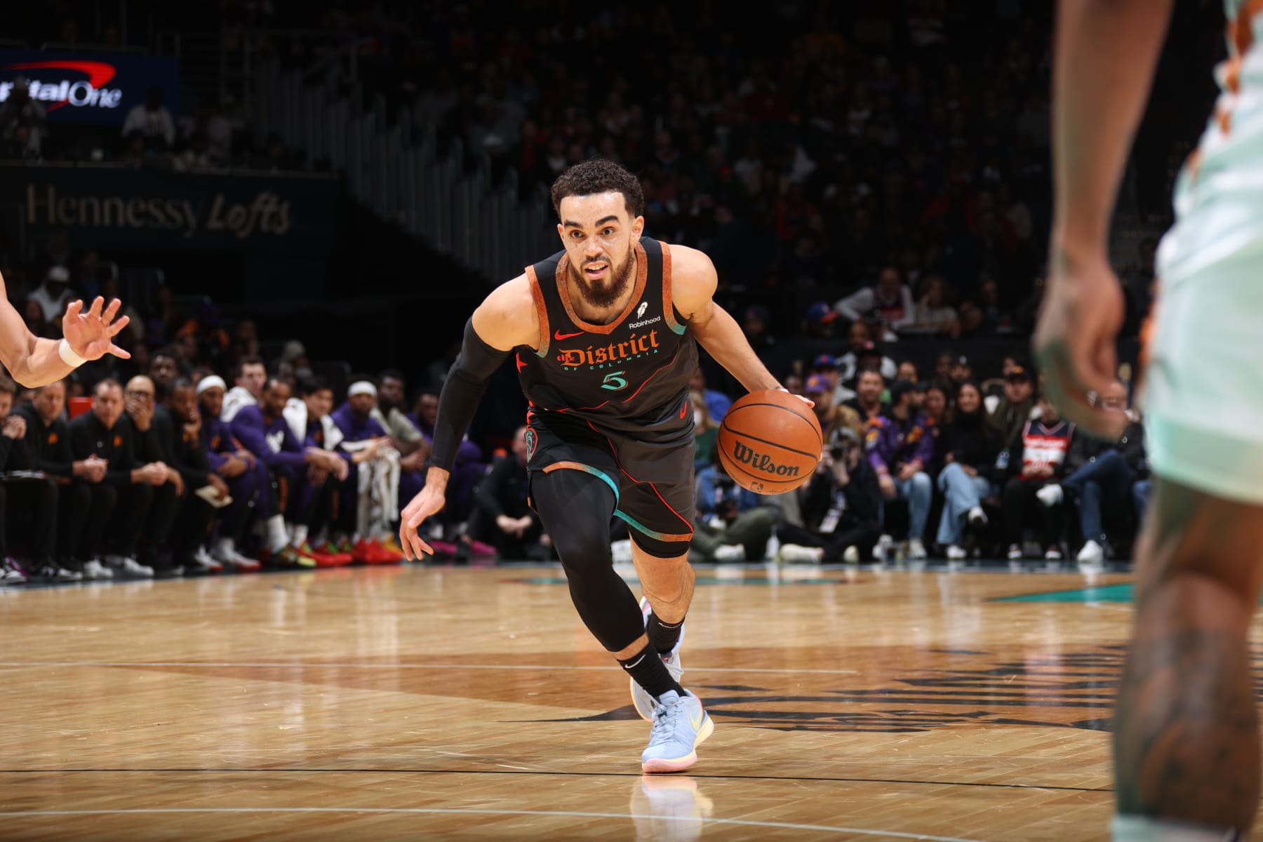 WASHINGTON, DC -  FEBRUARY 4: Tyus Jones #5 of the Washington Wizards handles the ball during the game against the Phoenix Suns on February 4, 2024 at Capital One Arena in Washington, DC. NOTE TO USER: User expressly acknowledges and agrees that, by downloading and or using this Photograph, user is consenting to the terms and conditions of the Getty Images License Agreement. Mandatory Copyright Notice: Copyright 2024 NBAE (Photo by Stephen Gosling/NBAE via Getty Images)