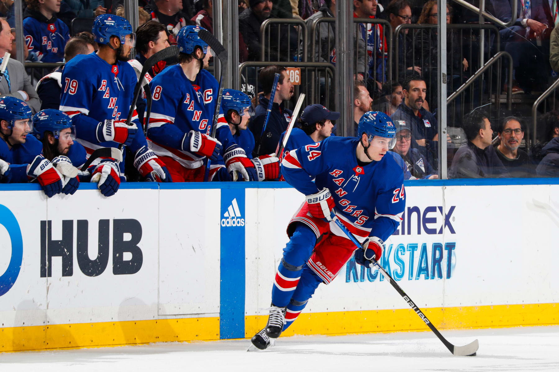 NEW YORK, NEW YORK - NOVEMBER 25: Kaapo Kakko #24 of the New York Rangers skates with the puck against the Boston Bruins at Madison Square Garden on November 25, 2023 in New York City. (Photo by Jared Silber/NHLI via Getty Images)
