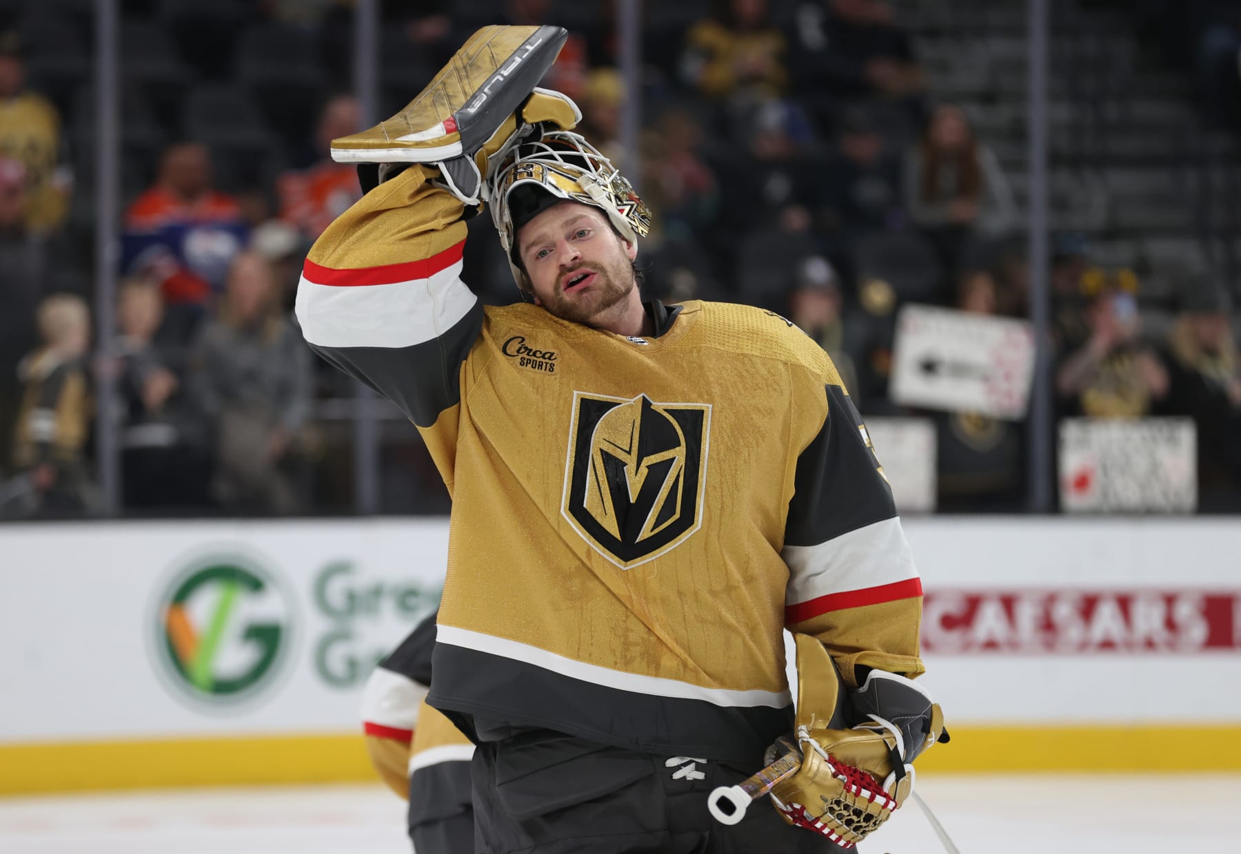 LAS VEGAS, NEVADA - FEBRUARY 06: Adin Hill #33 of the Vegas Golden Knights warms up prior to a game against the Edmonton Oilers at T-Mobile Arena on February 06, 2024 in Las Vegas, Nevada. (Photo by Zak Krill/NHLI via Getty Images)