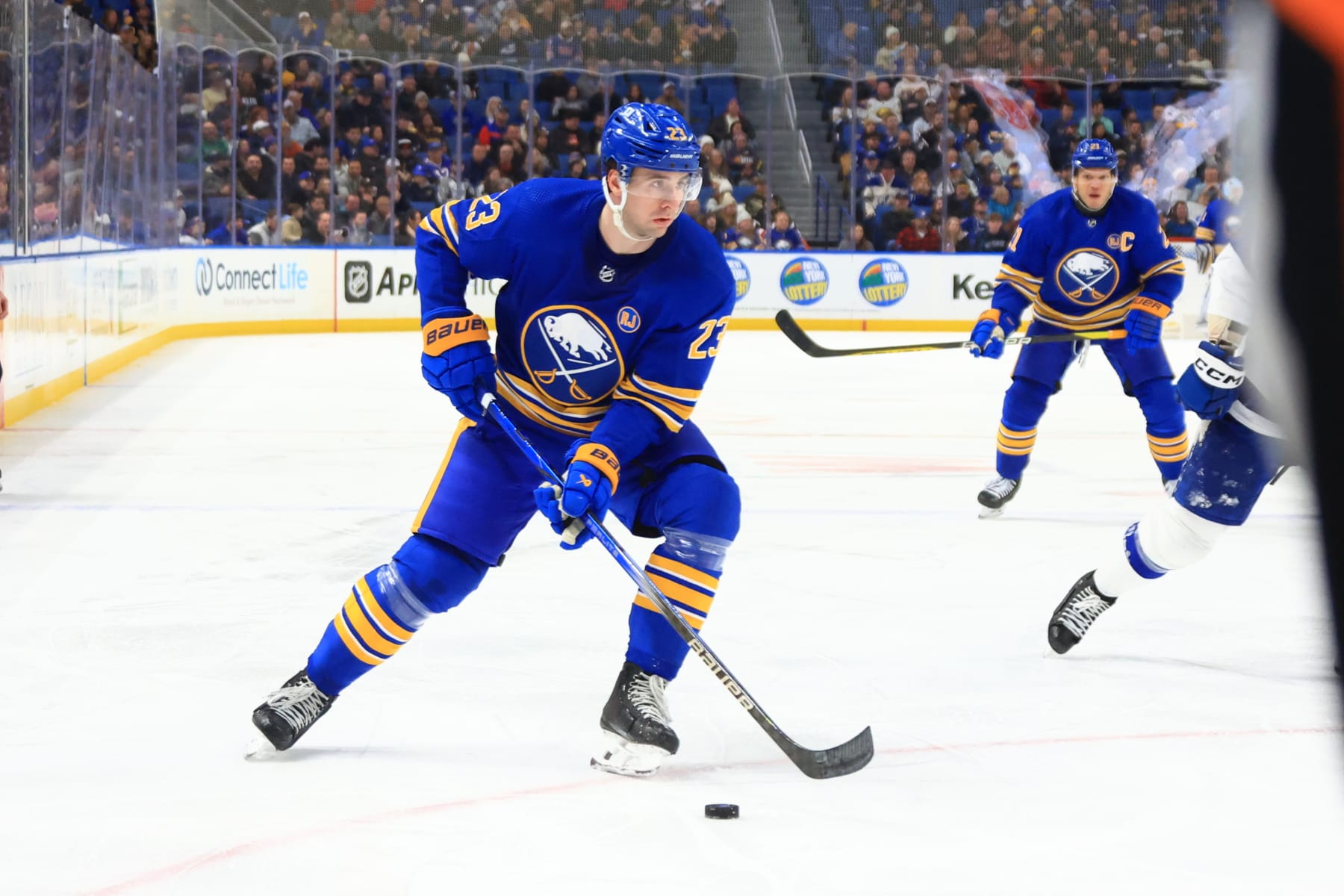 BUFFALO, NEW YORK - JANUARY 20: Mattias Samuelsson #23 of the Buffalo Sabres skates against the Tampa Bay Lightning during an NHL game on January 20, 2024 at KeyBank Center in Buffalo, New York. (Photo by Bill Wippert/NHLI via Getty Images)