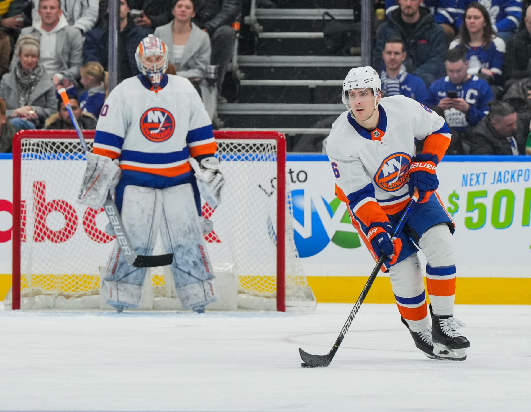TORONTO, CANADA - FEBRUARY 05: Ryan Pulock #6 of the New York Islanders skates against the Toronto Maple Leafs at Scotiabank Arena on February 05, 2024 in Toronto, Ontario, Canada. (Photo by Chris Tanouye/Getty Images)