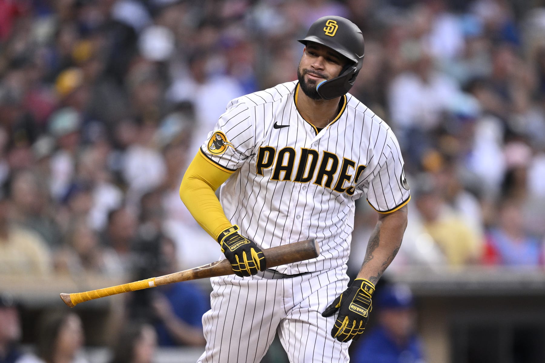 SAN DIEGO, CALIFORNIA - JULY 29: Gary Sanchez #99 of the San Diego Padres looks on against the Texas Rangers at PETCO Park on July 29, 2023 in San Diego, California. (Photo by Orlando Ramirez/Getty Images)