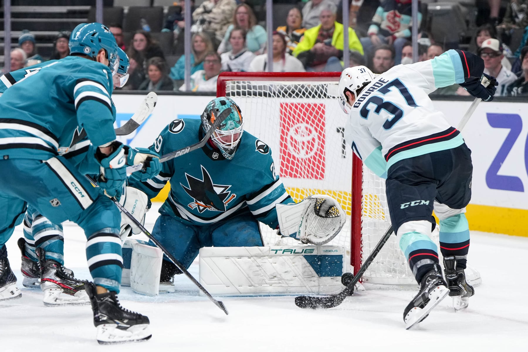 SAN JOSE, CALIFORNIA - JANUARY 30: Mackenzie Blackwood #29 San Jose Sharks stops the puck against the Seattle Kraken at SAP Center on January 30, 2024 in San Jose, California. (Photo by Andreea Cardani/NHLI via Getty Images)