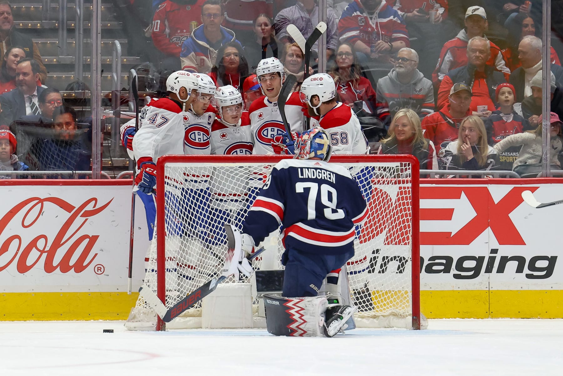 WASHINGTON, DC - FEBRUARY 6: Nick Suzuki #14 of the Montreal Canadiens celebrates a first period goal during a game agains the Washington Capitals at Capital One Arena on February 6, 2024 in Washington, D.C. (Photo by John McCreary/NHLI via Getty Images)