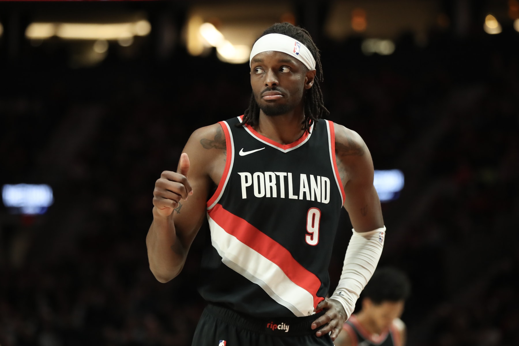 PORTLAND, OREGON - JANUARY 28: Jerami Grant #9 of the Portland Trail Blazers looks on in the fourth quarter against the Chicago Bulls at Moda Center on January 28, 2024 in Portland, Oregon. NOTE TO USER: User expressly acknowledges and agrees that, by downloading and or using this photograph, User is consenting to the terms and conditions of the Getty Images License Agreement.  (Photo by Amanda Loman/Getty Images)