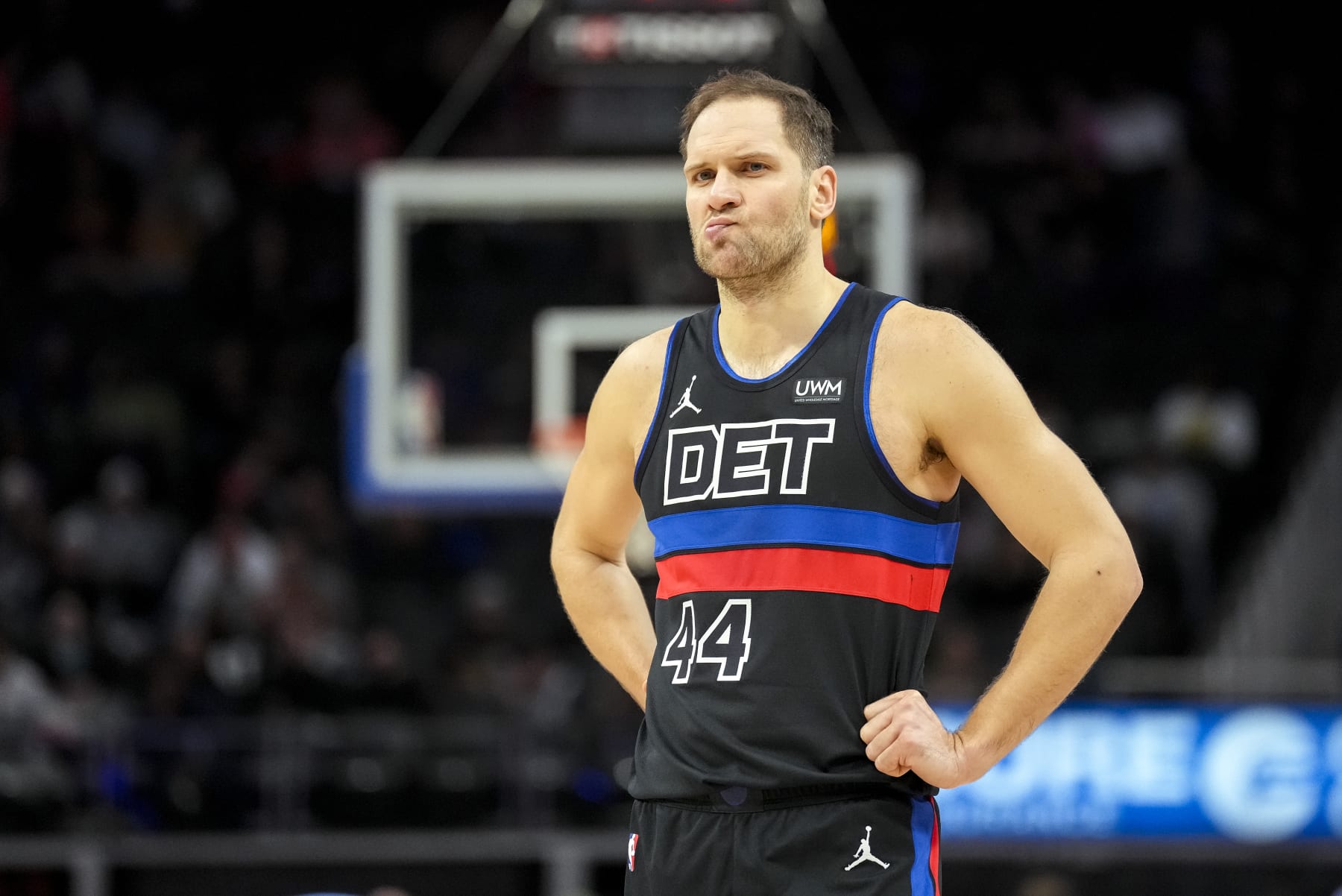 DETROIT, MICHIGAN - JANUARY 17: Bojan Bogdanovic #44 of the Detroit Pistons looks on against the Minnesota Timberwolves at Little Caesars Arena on January 17, 2024 in Detroit, Michigan. NOTE TO USER: User expressly acknowledges and agrees that, by downloading and or using this photograph, User is consenting to the terms and conditions of the Getty Images License Agreement. (Photo by Nic Antaya/Getty Images)