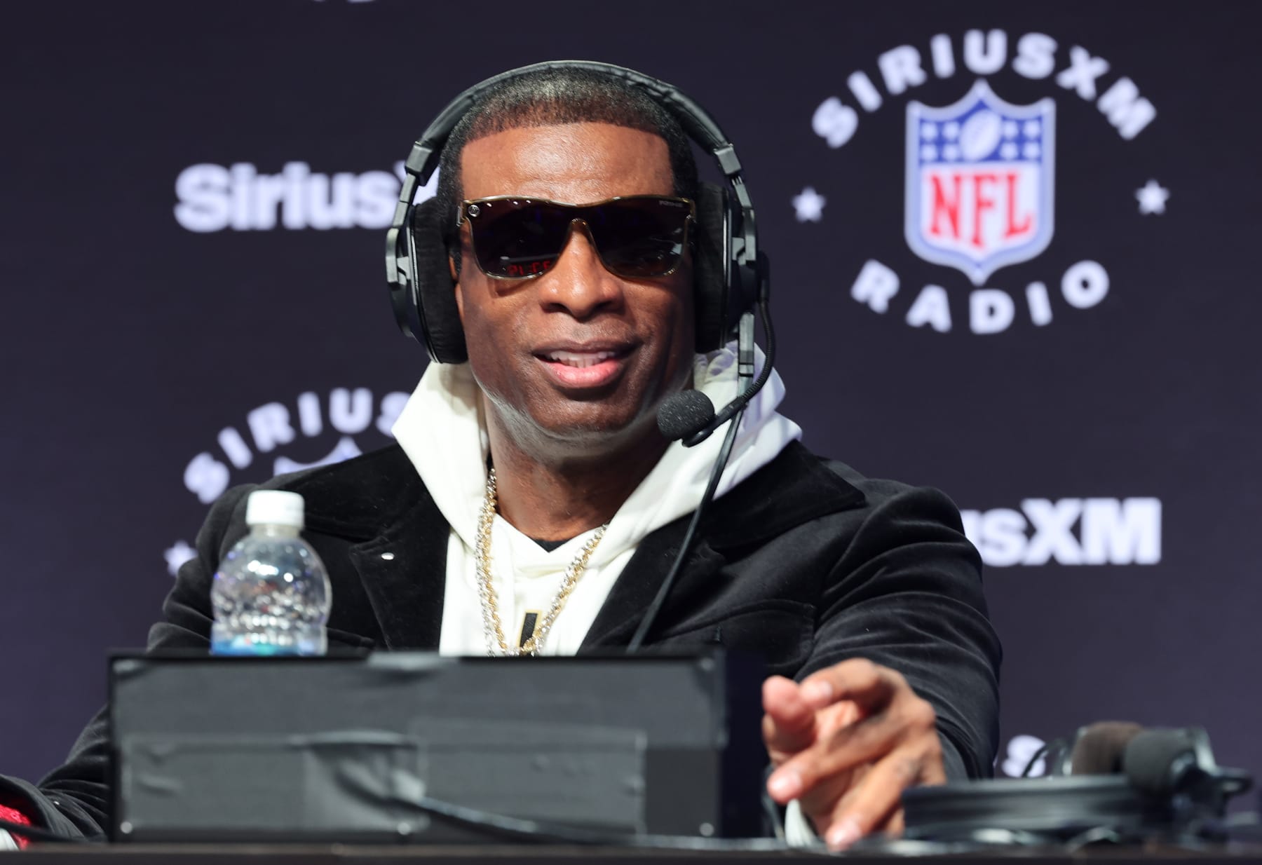 LAS VEGAS, NEVADA - FEBRUARY 08: Deion "Coach Prime" Sanders speaks on SiriusXM at Super Bowl LVIII on February 08, 2024 in Las Vegas, Nevada. (Photo by Cindy Ord/Getty Images for SiriusXM)