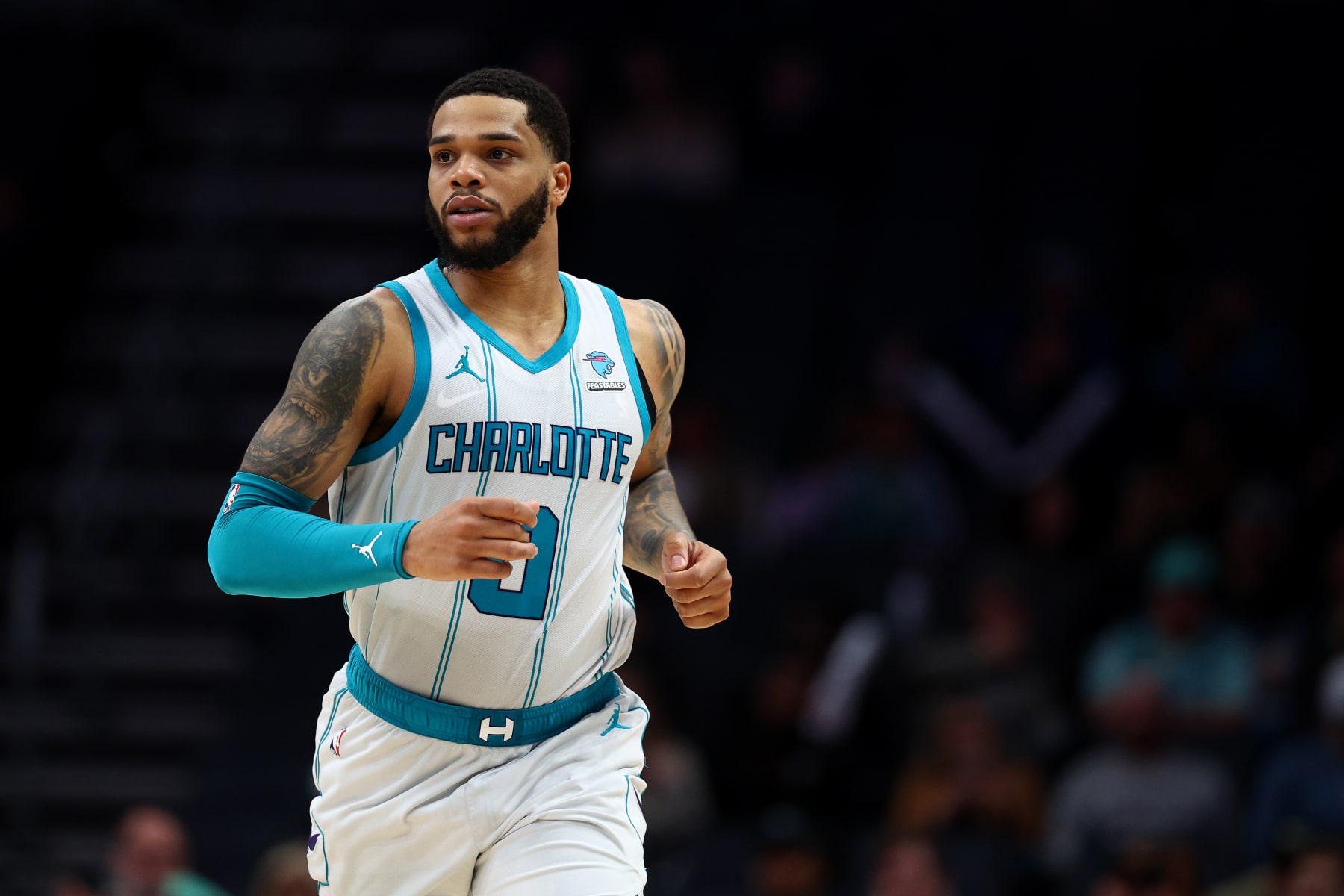 CHARLOTTE, NORTH CAROLINA - FEBRUARY 07: Miles Bridges #0 of the Charlotte Hornets runs the court during the second half of the game against the Toronto Raptors at Spectrum Center on February 07, 2024 in Charlotte, North Carolina. NOTE TO USER: User expressly acknowledges and agrees that, by downloading and or using this photograph, User is consenting to the terms and conditions of the Getty Images License Agreement. (Photo by Jared C. Tilton/Getty Images)
