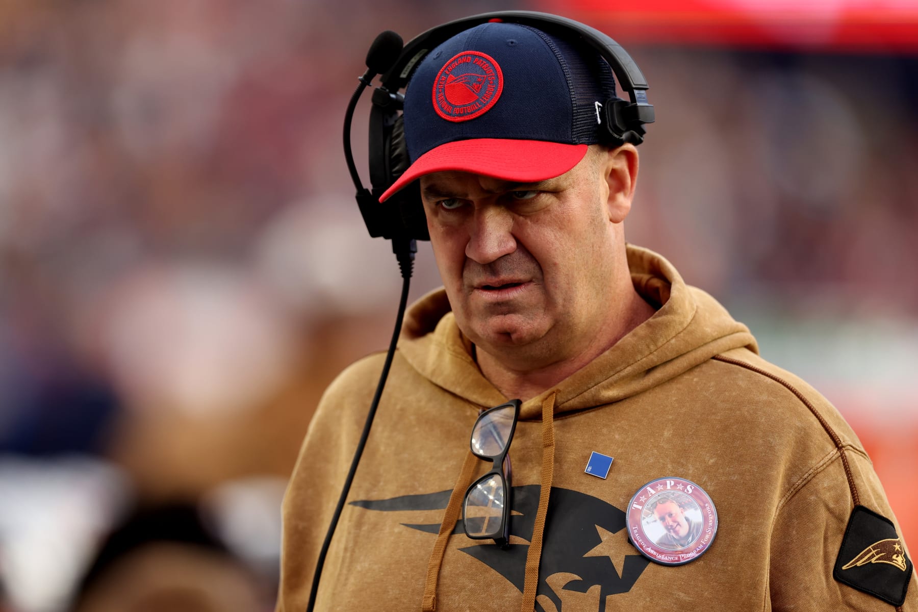 FOXBOROUGH, MASSACHUSETTS - NOVEMBER 05: Offensive coordinator Bill O'Brien of the New England Patriots looks on during the second half in the game against the Washington Commanders at Gillette Stadium on November 05, 2023 in Foxborough, Massachusetts. (Photo by Maddie Meyer/Getty Images)