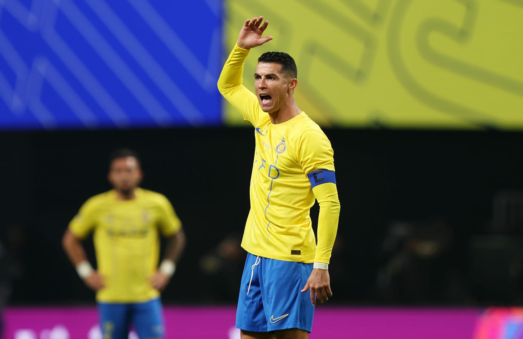RIYADH, SAUDI ARABIA - FEBRUARY 08: Cristiano Ronaldo of Al-Nassr reacts during the Riyadh Season Cup Final match between Al Hilal and Al-Nassr at Kingdom Arena on February 08, 2024 in Riyadh, Saudi Arabia. (Photo by Yasser Bakhsh/Getty Images)
