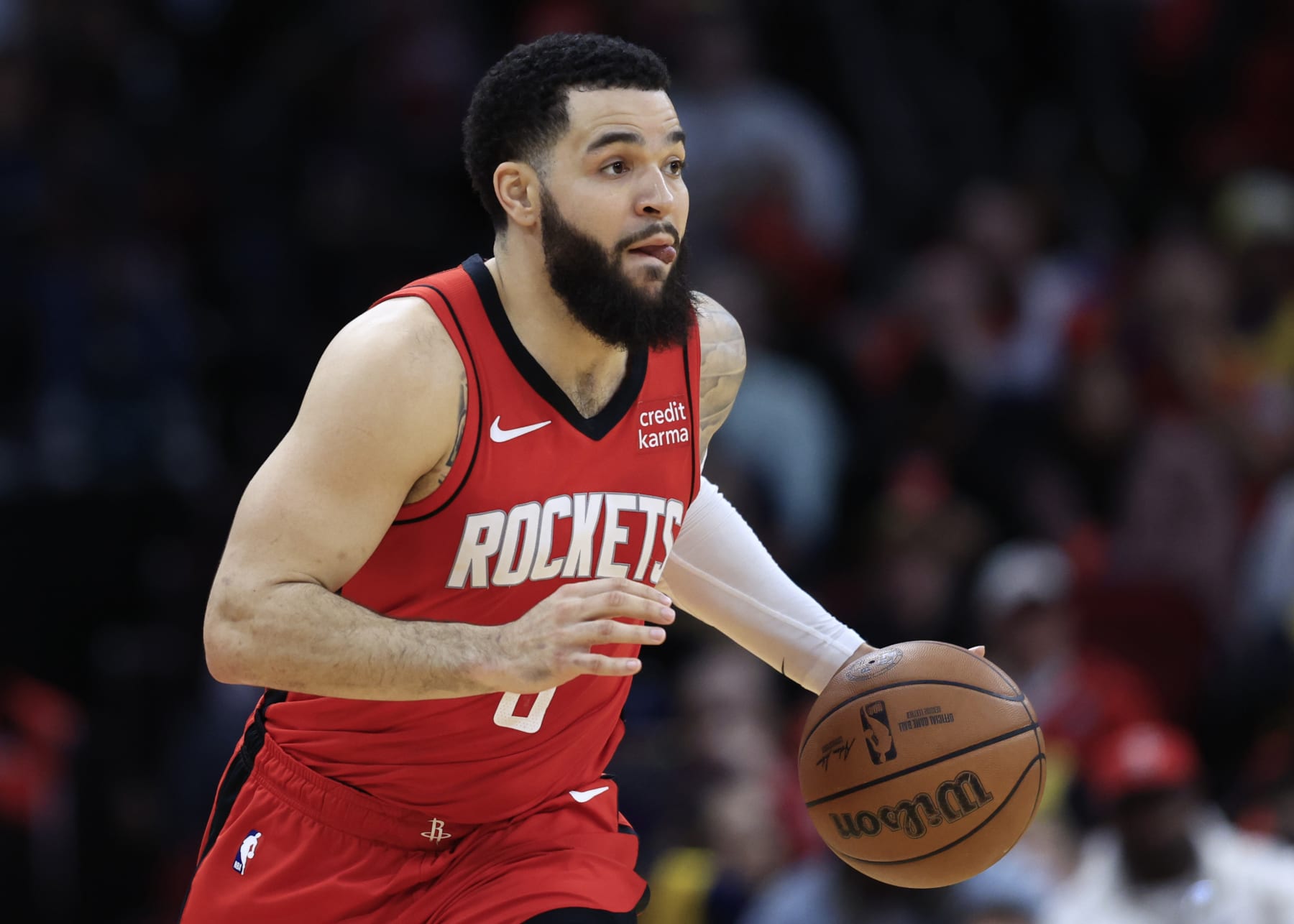 HOUSTON, TEXAS - JANUARY 29: Fred VanVleet #5 of the Houston Rockets against the Los Angeles Lakers during the second half at Toyota Center on January 29, 2024 in Houston, Texas. NOTE TO USER: User expressly acknowledges and agrees that, by downloading and or using this photograph, User is consenting to the terms and conditions of the Getty Images License Agreement.  (Photo by Carmen Mandato/Getty Images)