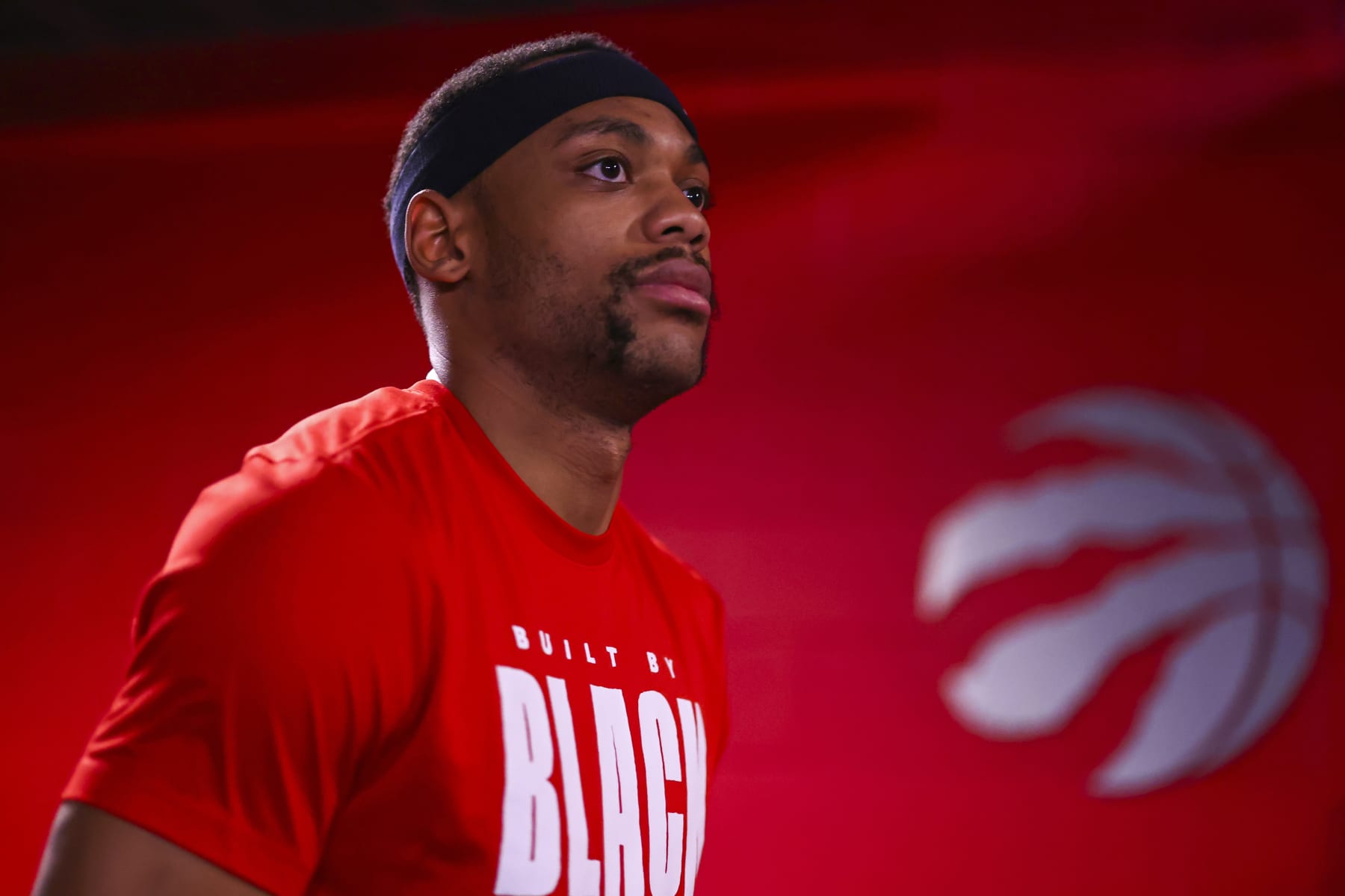 TORONTO, CANADA - FEBRUARY 9: Bruce Brown #11 of the Toronto Raptors looks on before the game against the Houston Rockets on February 9, 2024 at the Scotiabank Arena in Toronto, Ontario, Canada.  NOTE TO USER: User expressly acknowledges and agrees that, by downloading and or using this Photograph, user is consenting to the terms and conditions of the Getty Images License Agreement.  Mandatory Copyright Notice: Copyright 2024 NBAE (Photo by Vaughn Ridley/NBAE via Getty Images)