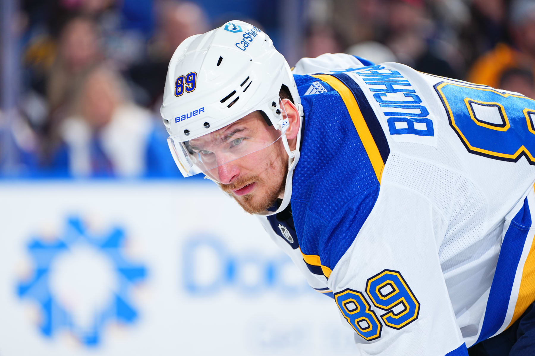 BUFFALO, NEW YORK - FEBRUARY 10: Pavel Buchnevich #89 of the St. Louis Blues prepares for a face-off during an NHL game against the Buffalo Sabres on February 10, 2024 at KeyBank Center in Buffalo, New York. (Photo by Ben Ludeman/NHLI via Getty Images)
