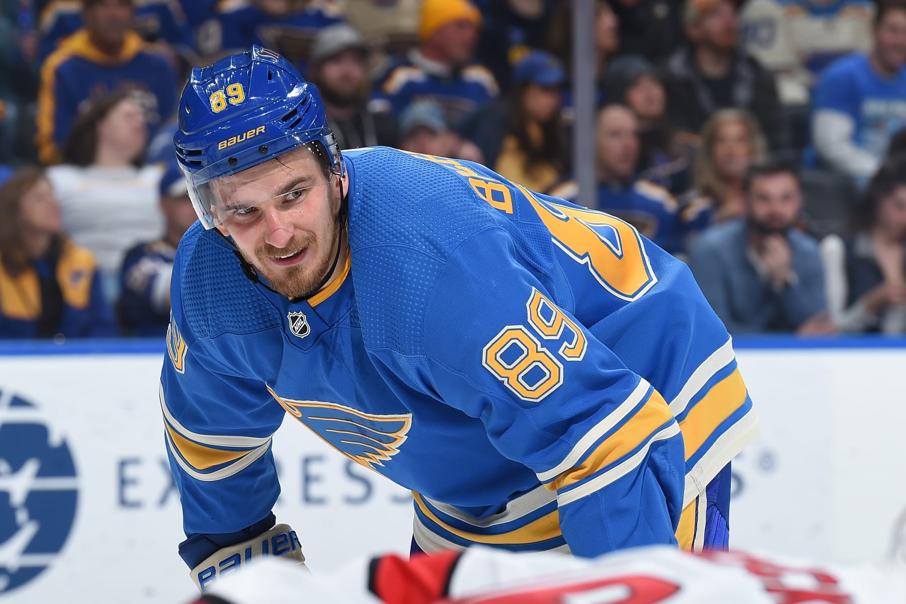 ST. LOUIS, MO - MARCH 26: Pavel Buchnevich #89 of the St. Louis Blues looks on prior to a face off against the Carolina Hurricanes at the Enterprise Center on March 26, 2022 in St. Louis, Missouri. (Photo by Joe Puetz/NHLI via Getty Images)