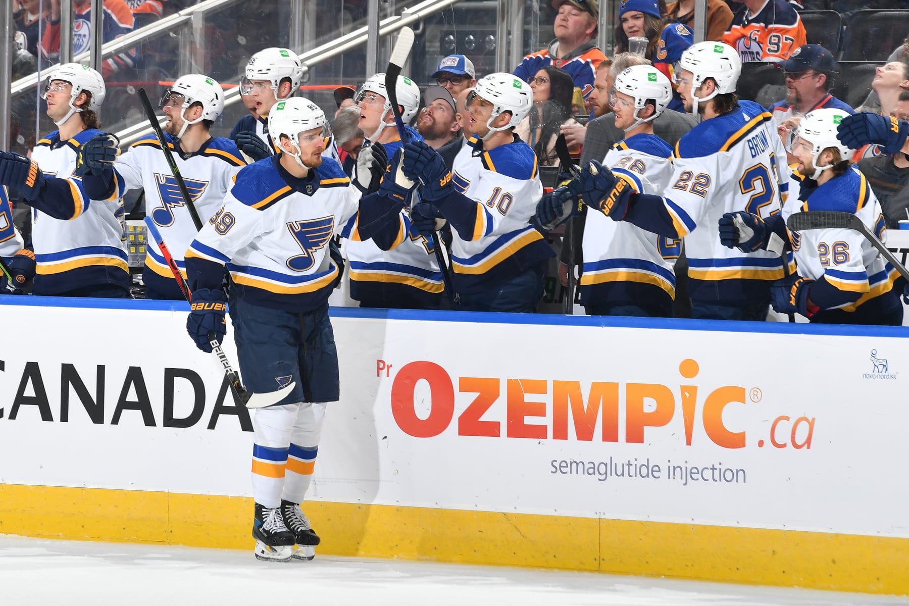 EDMONTON, AB - APRIL 1: Pavel Buchnevich #89 of the St Louis Blues celebrates after a goal during the game against the Edmonton Oilers on April 1, 2022 at Rogers Place in Edmonton, Alberta, Canada. (Photo by Andy Devlin/NHLI via Getty Images)