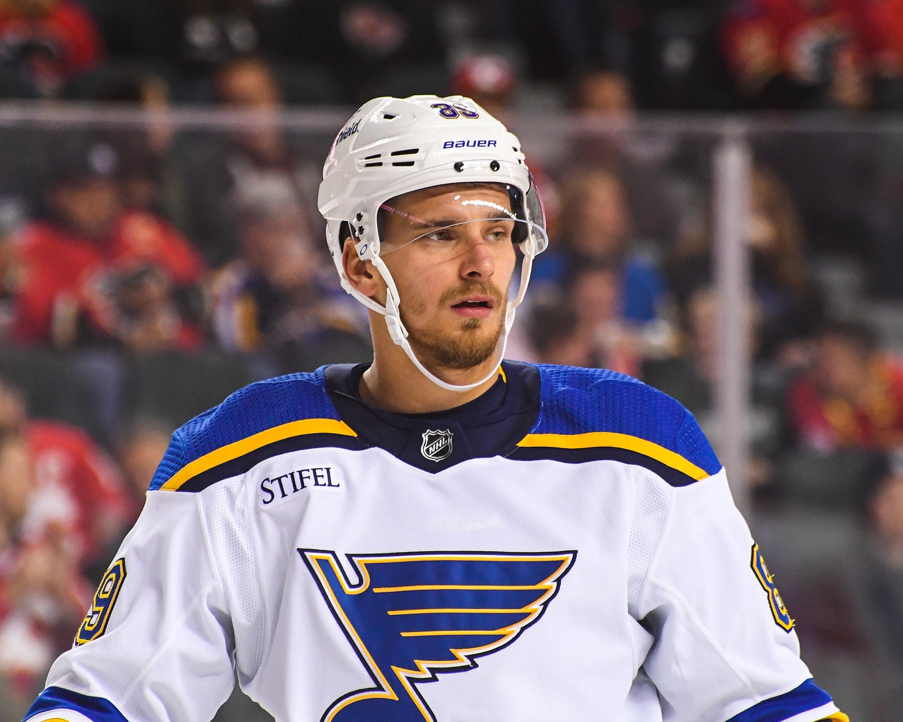 CALGARY, CANADA - OCTOBER 26: Pavel Buchnevich #89 of the St Louis Blues in action against the Calgary Flames during an NHL game at Scotiabank Saddledome on October 26, 2023 in Calgary, Alberta, Canada. (Photo by Derek Leung/Getty Images)