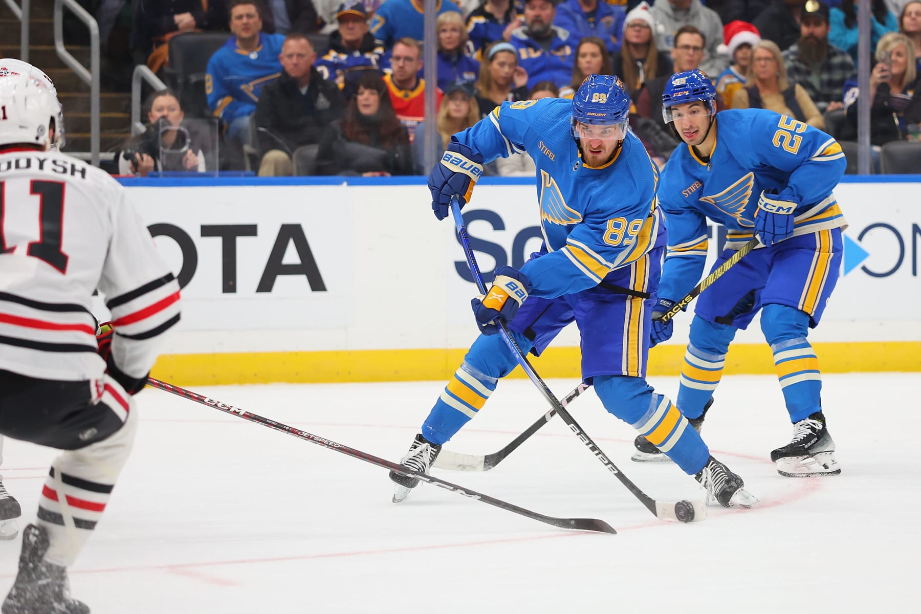 ST LOUIS, MISSOURI - DECEMBER 23: Pavel Buchnevich #89 of the St. Louis Blues shoots the puck against the Chicago Blackhawks during the first period at Enterprise Center on December 23, 2023 in St Louis, Missouri. (Photo by Dilip Vishwanat/Getty Images)