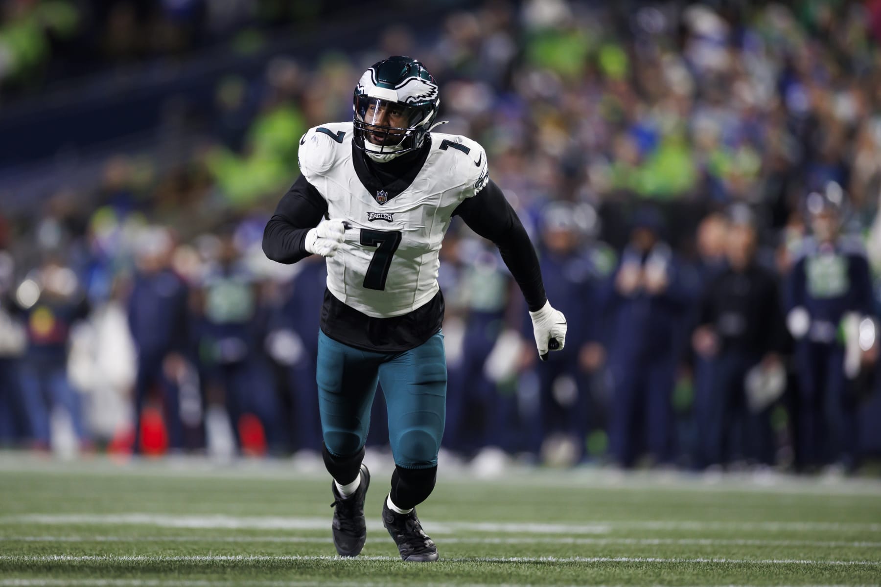 SEATTLE, WASHINGTON - DECEMBER 18: Haason Reddick #7 of the Philadelphia Eagles runs around the edge against the Seattle Seahawks at Lumen Field on December 18, 2023 in Seattle, Washington. (Photo by Ryan Kang/Getty Images)
