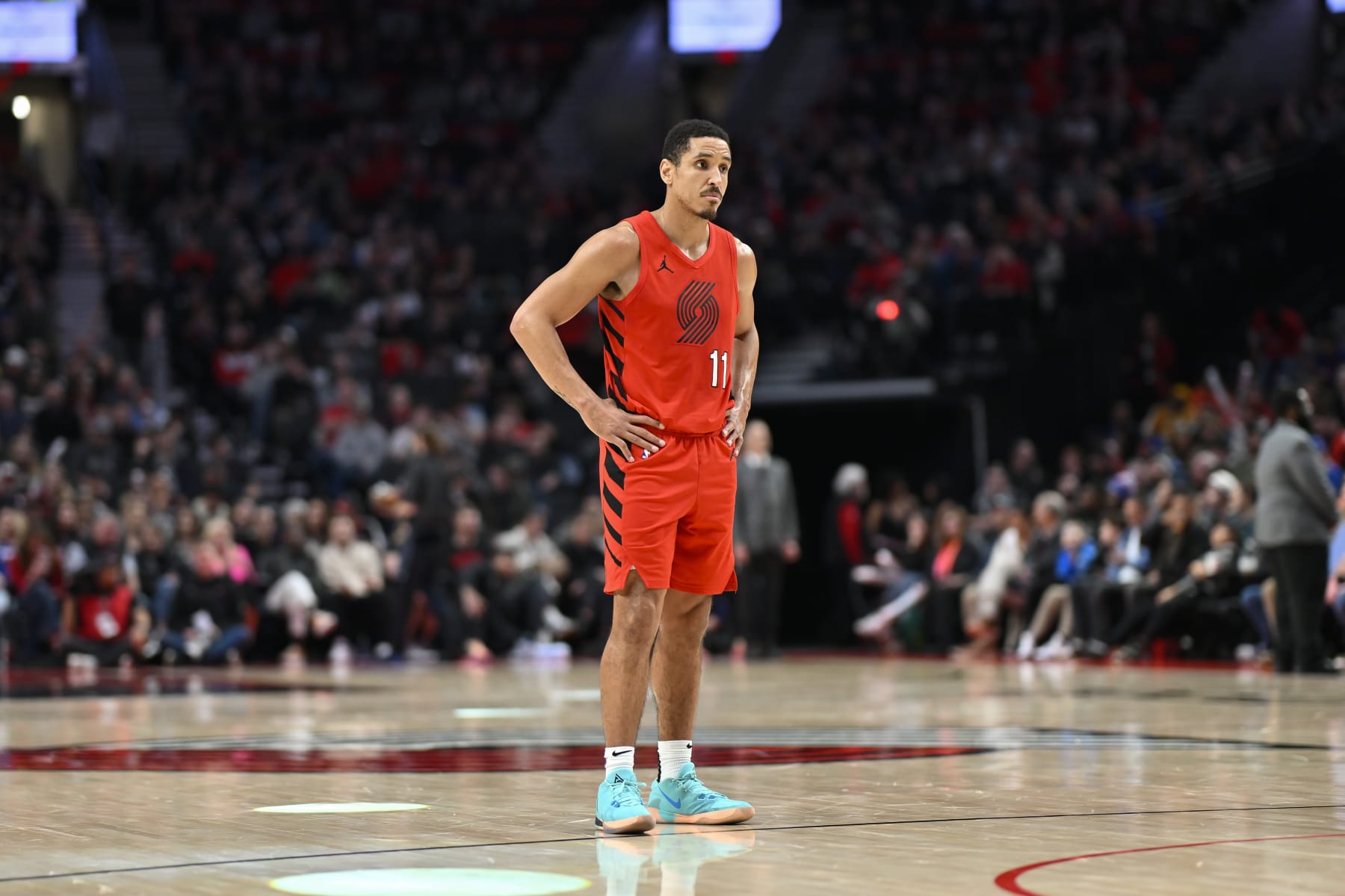PORTLAND, OREGON - JANUARY 29: Malcolm Brogdon #11 of the Portland Trail Blazers looks on during the third quarter against the Philadelphia 76ers at the Moda Center on January 29, 2024 in Portland, Oregon. The Portland Trail Blazers won 130-104. NOTE TO USER: User expressly acknowledges and agrees that, by downloading and or using this photograph, User is consenting to the terms and conditions of the Getty Images License Agreement. (Photo by Alika Jenner/Getty Images)
