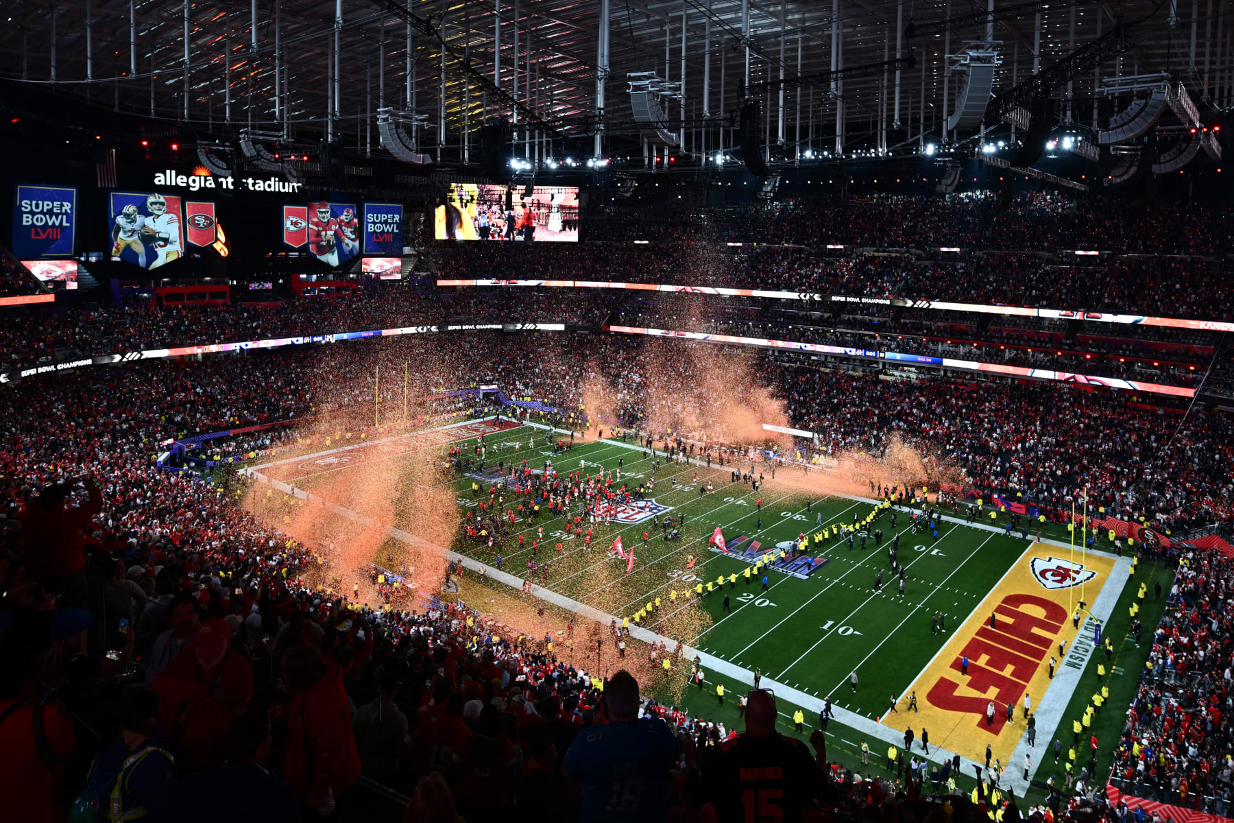 A general view shows the field after the Kansas City Chiefs won Super Bowl LVIII against the San Francisco 49ers at Allegiant Stadium in Las Vegas, Nevada, February 11, 2024. (Photo by Patrick T. Fallon / AFP) (Photo by PATRICK T. FALLON/AFP via Getty Images)