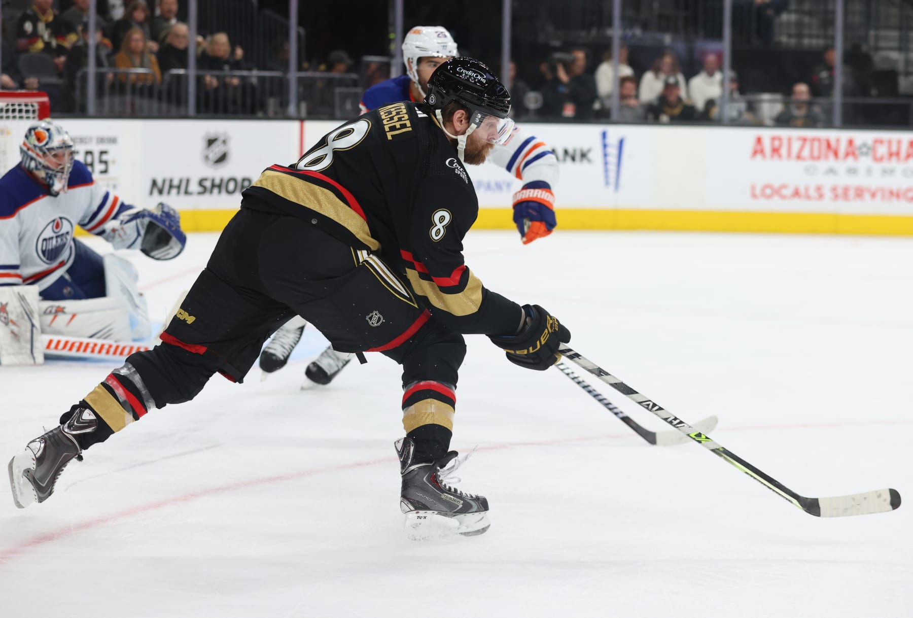 LAS VEGAS, NEVADA - JANUARY 14: Phil Kessel #8 of the Vegas Golden Knights skates during the second period against the Edmonton Oilers at T-Mobile Arena on January 14, 2023 in Las Vegas, Nevada. (Photo by Zak Krill/NHLI via Getty Images)