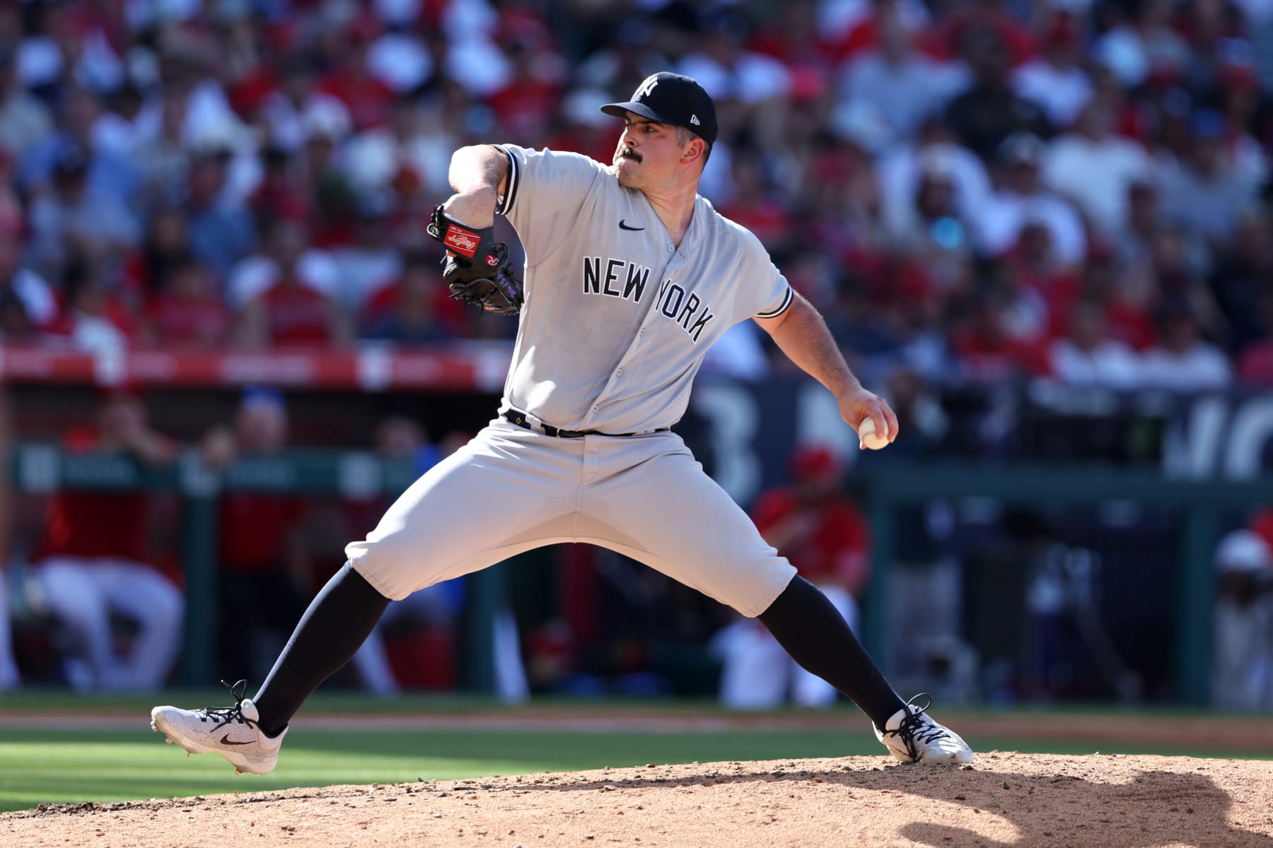 ANAHEIM, CA - JULY 19:  Carlos Rodón #55 of the New York Yankees pitches during the game against the Los Angeles Angels at Angel Stadium of Anaheim on July 19, 2023 in Anaheim, California. The Angels defeated the Yankees 7-3.  (Photo by Rob Leiter/MLB Photos via Getty Images)