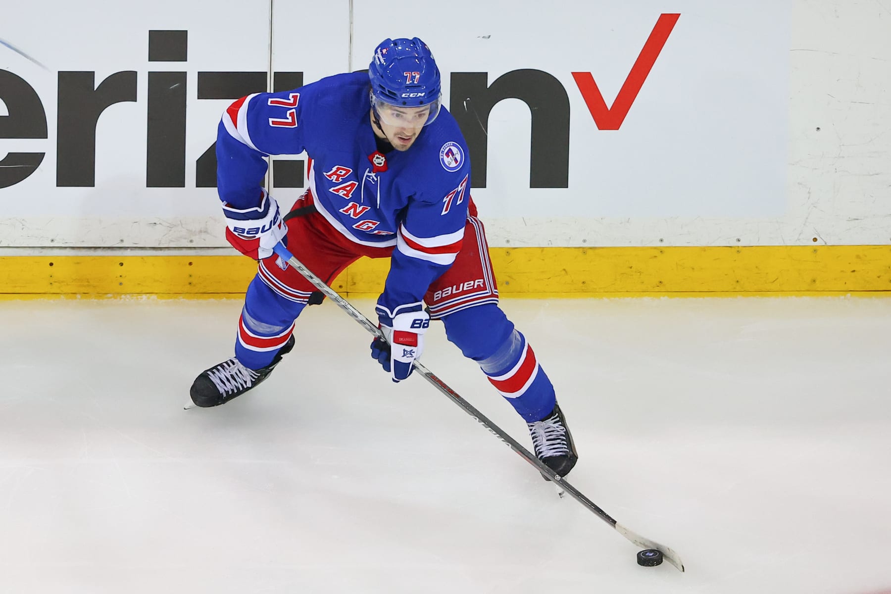 NEW YORK, NY - JUNE 09: New York Rangers center Frank Vatrano (77) controls the puck during the third period of Game 5 of the Eastern Conference Finals between the New York Rangers and the Tampa Bay Lightning on June 9, 2022 at Madison Square Garden in New York City, New York. (Photo by Rich Graessle/Icon Sportswire via Getty Images)