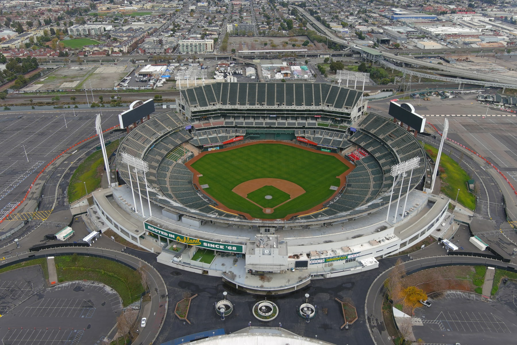 OAKLAND, CALIFORNIA - DECEMBER 31: A general overall aerial view of the Oakland-Alameda County Coliseum on December 31, 2023 in Oakland, California. (Photo by Kirby Lee/Getty Images)